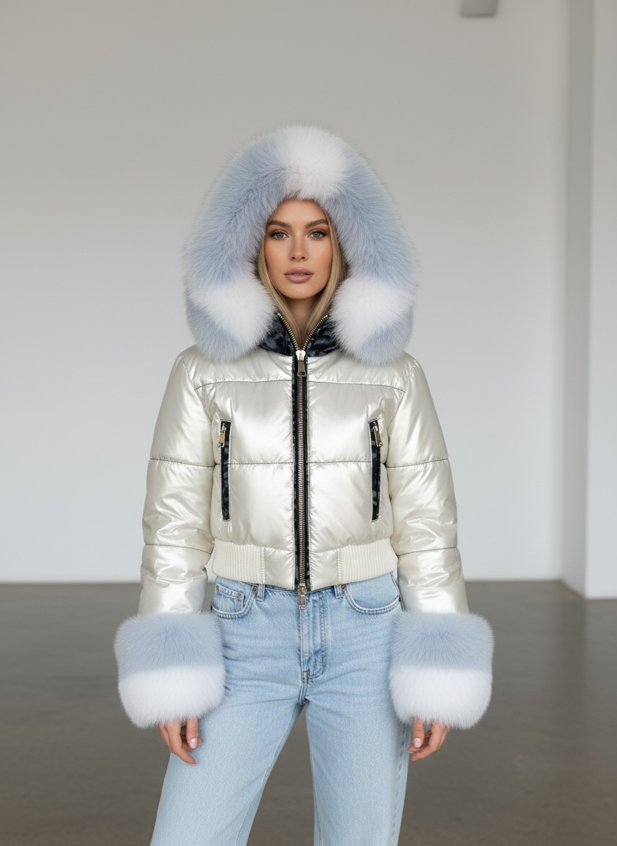 Champagne Puffer Jacket Fur Cuffs Hood
