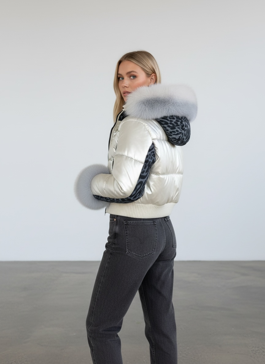 Champagne Puffer Jacket Fur Cuffs Hood