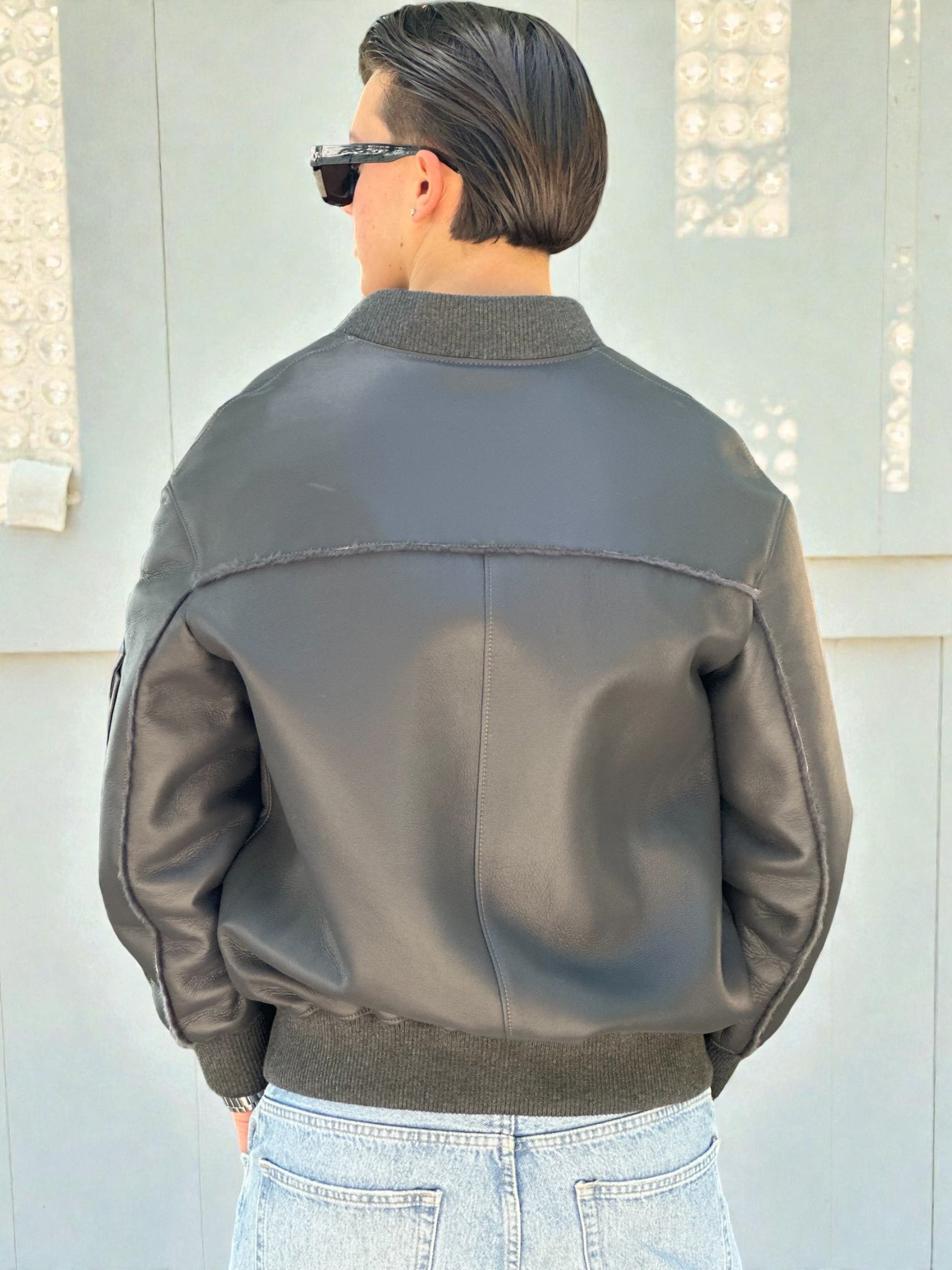 Charcoal Leather Bomber Jacket Utility Pocket