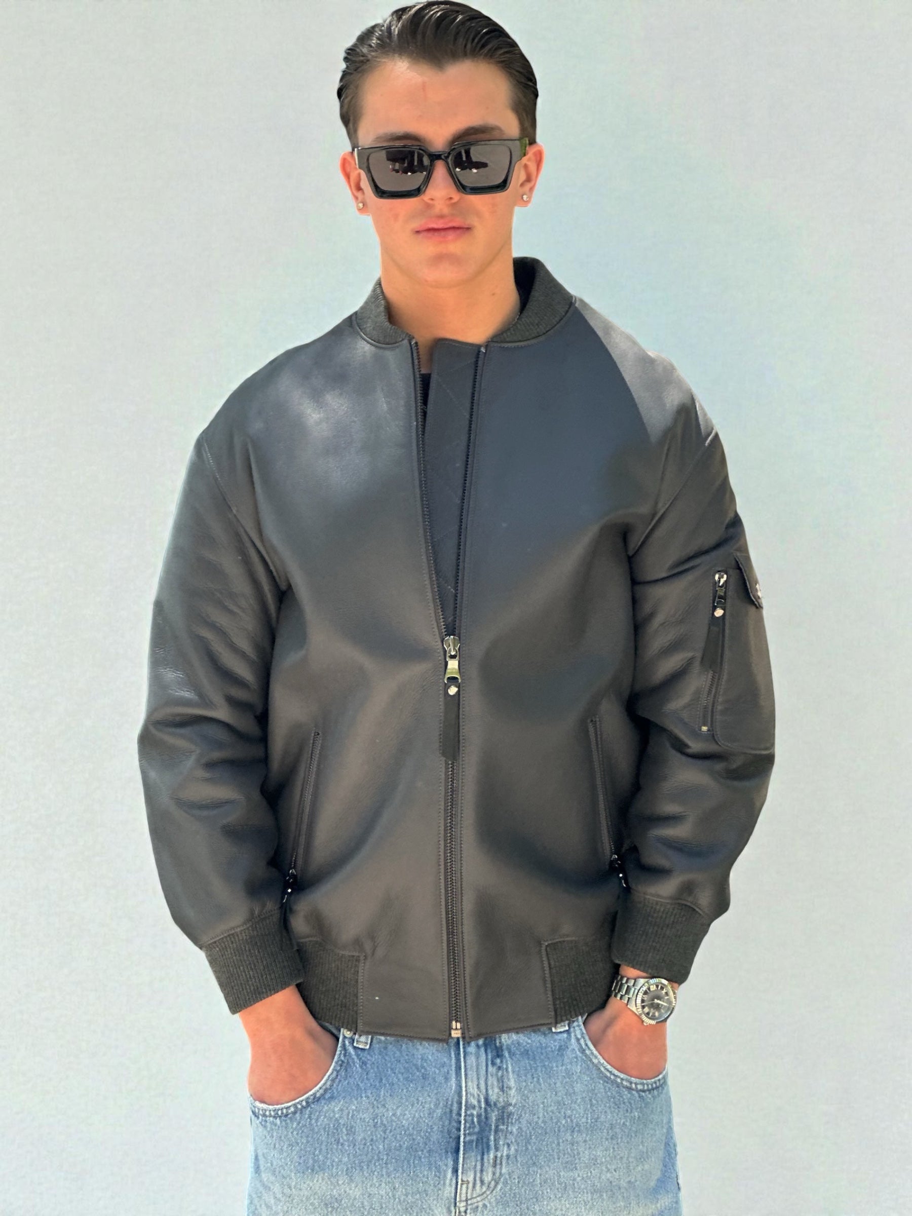 Charcoal Leather Bomber Jacket Utility Pocket