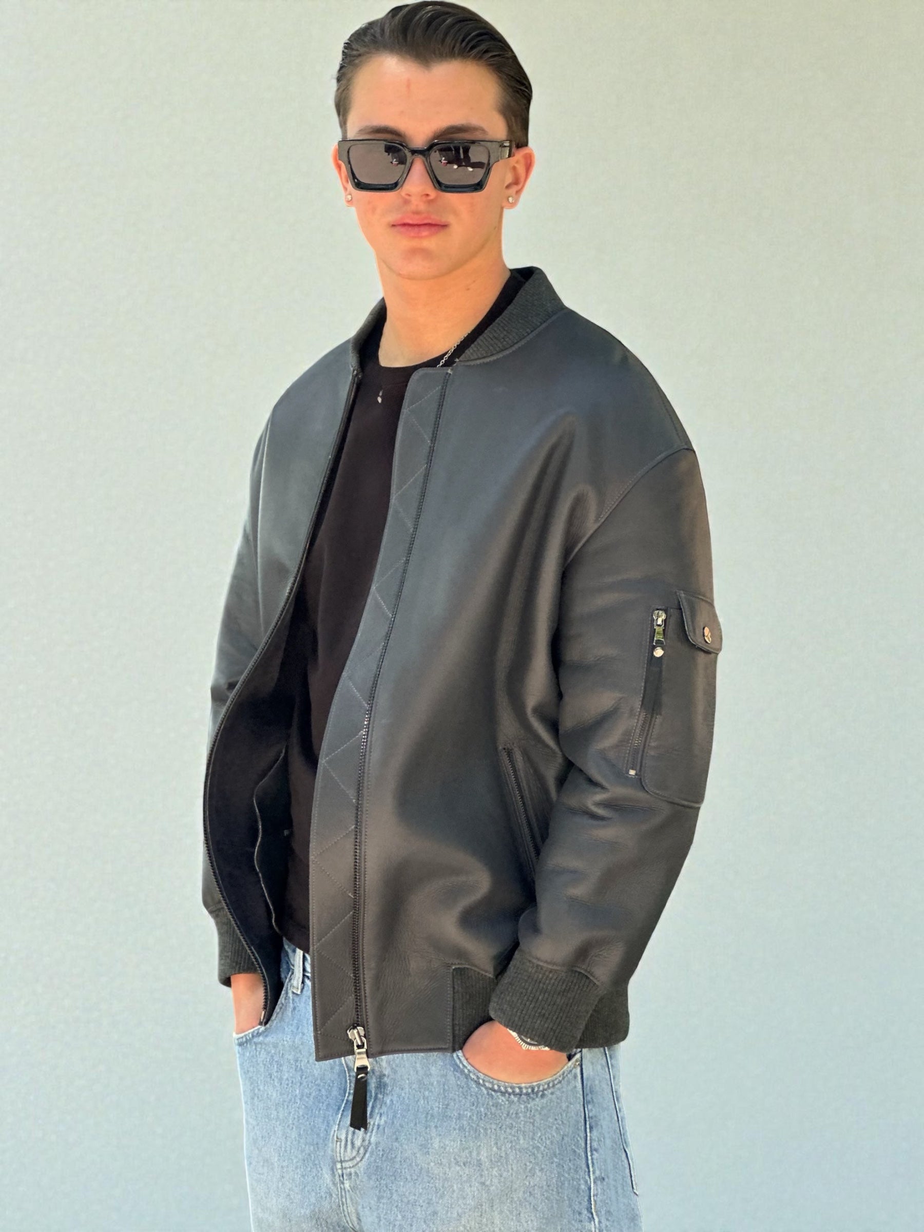 Charcoal Leather Bomber Jacket Utility Pocket