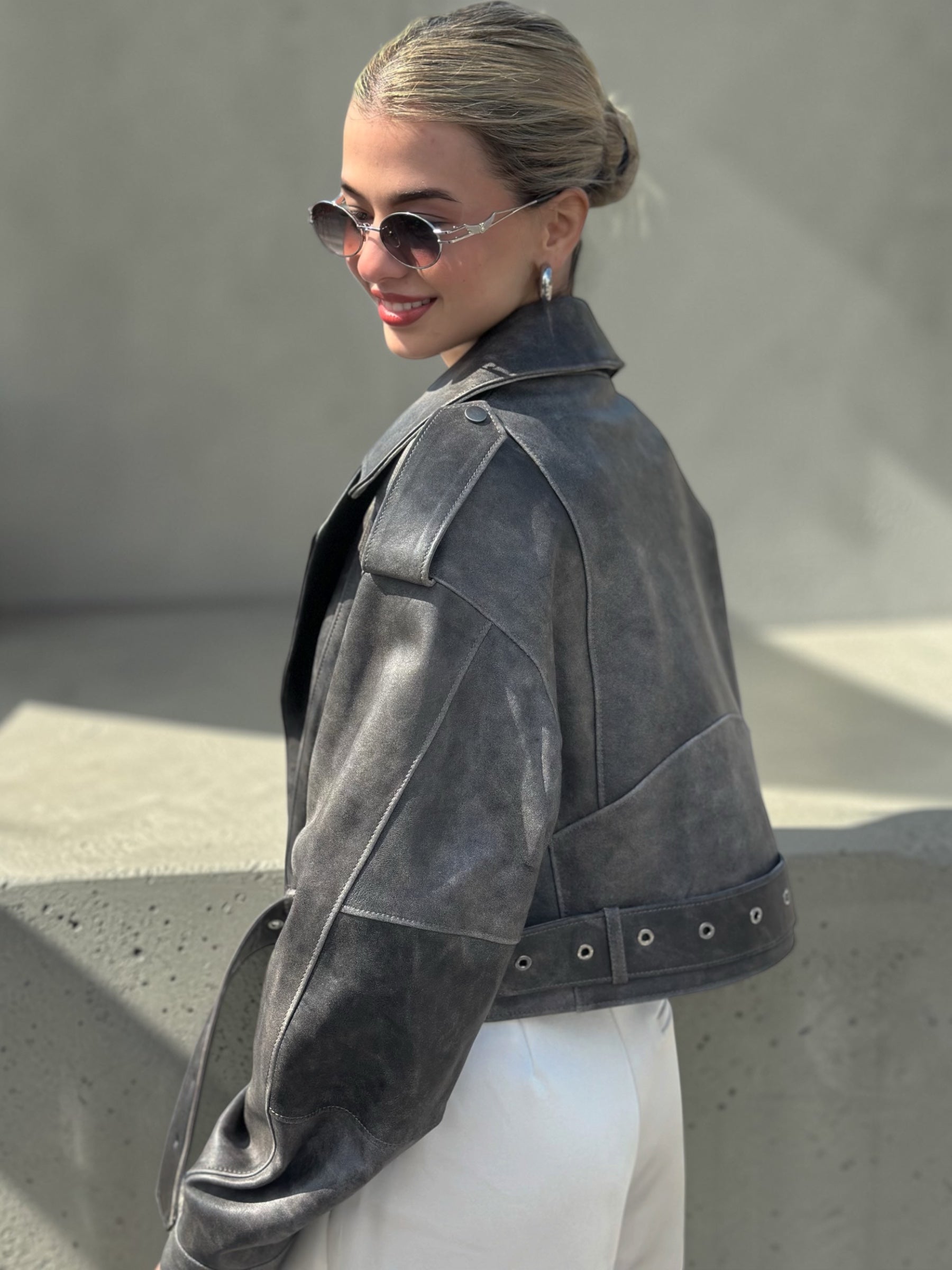 Charcoal Leather Jacket Dropped Shoulders