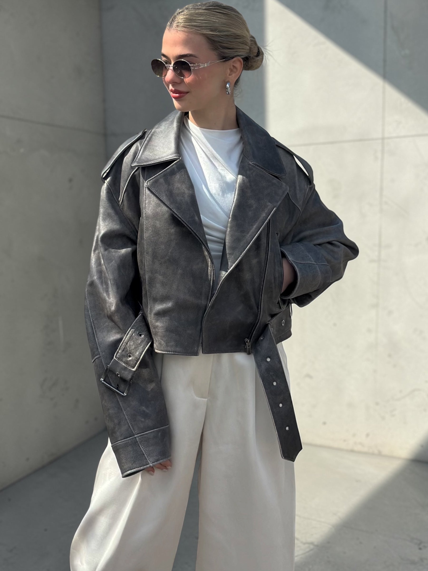 Charcoal Leather Jacket Dropped Shoulders