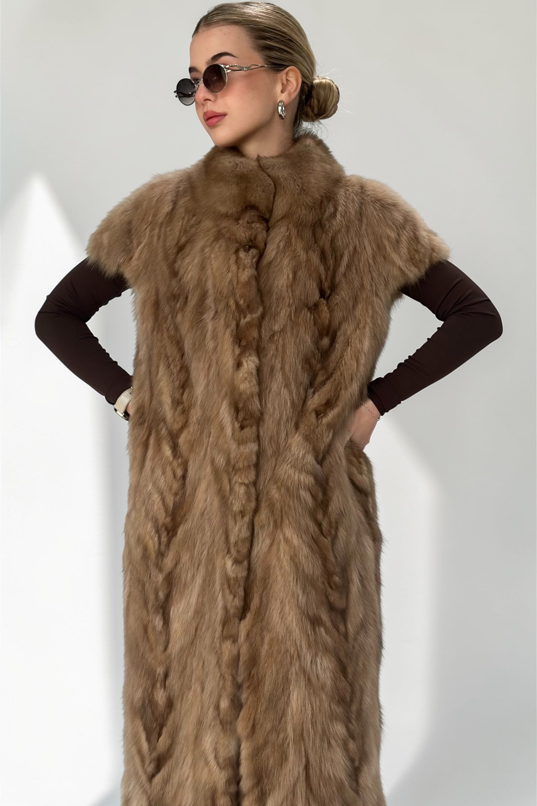 Chevron Pattern Sable Fur Long Vest
