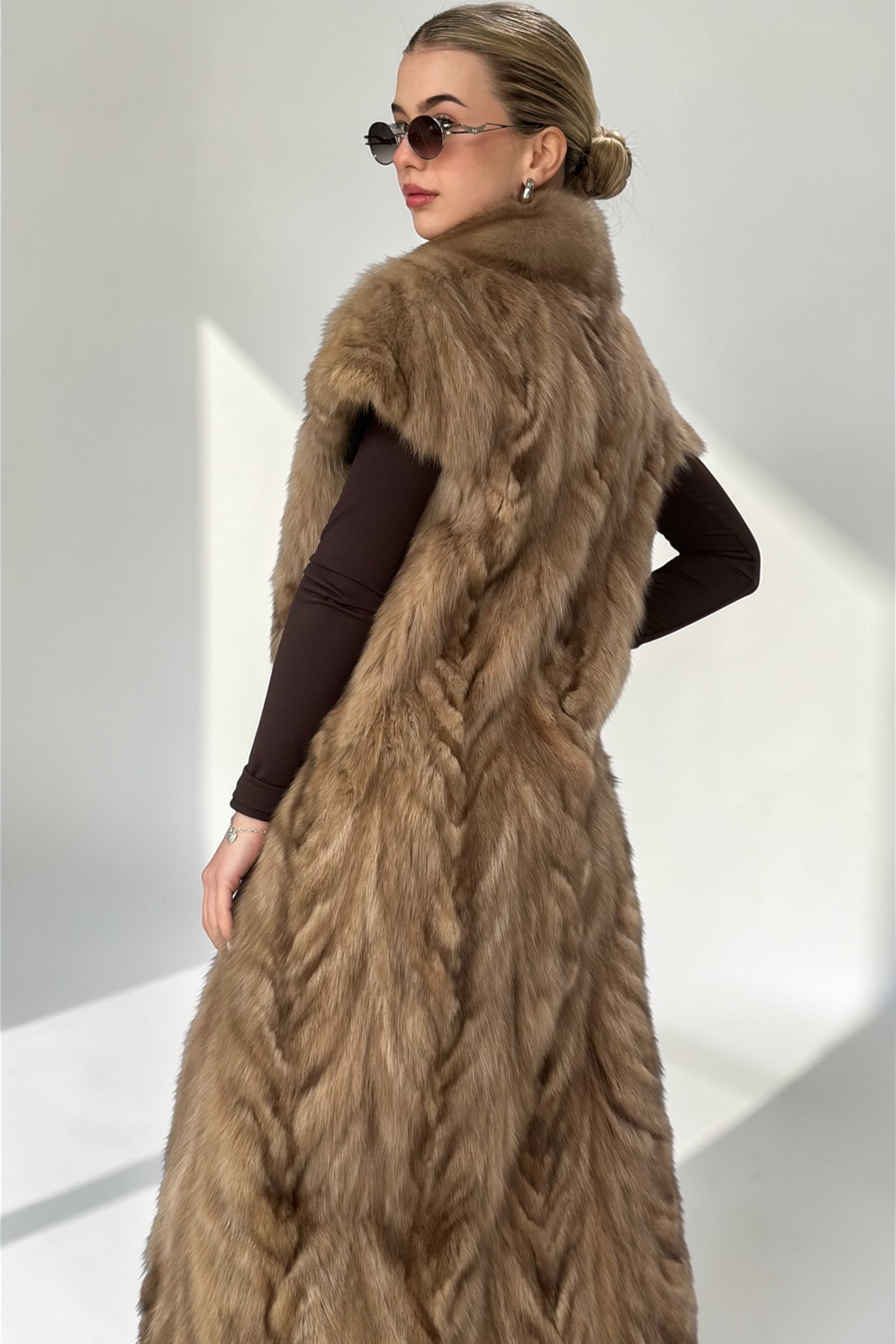 Chevron Pattern Sable Fur Long Vest