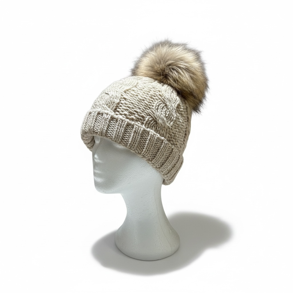 Cream Knitted Beanie with Natural Fox Fur Pompom