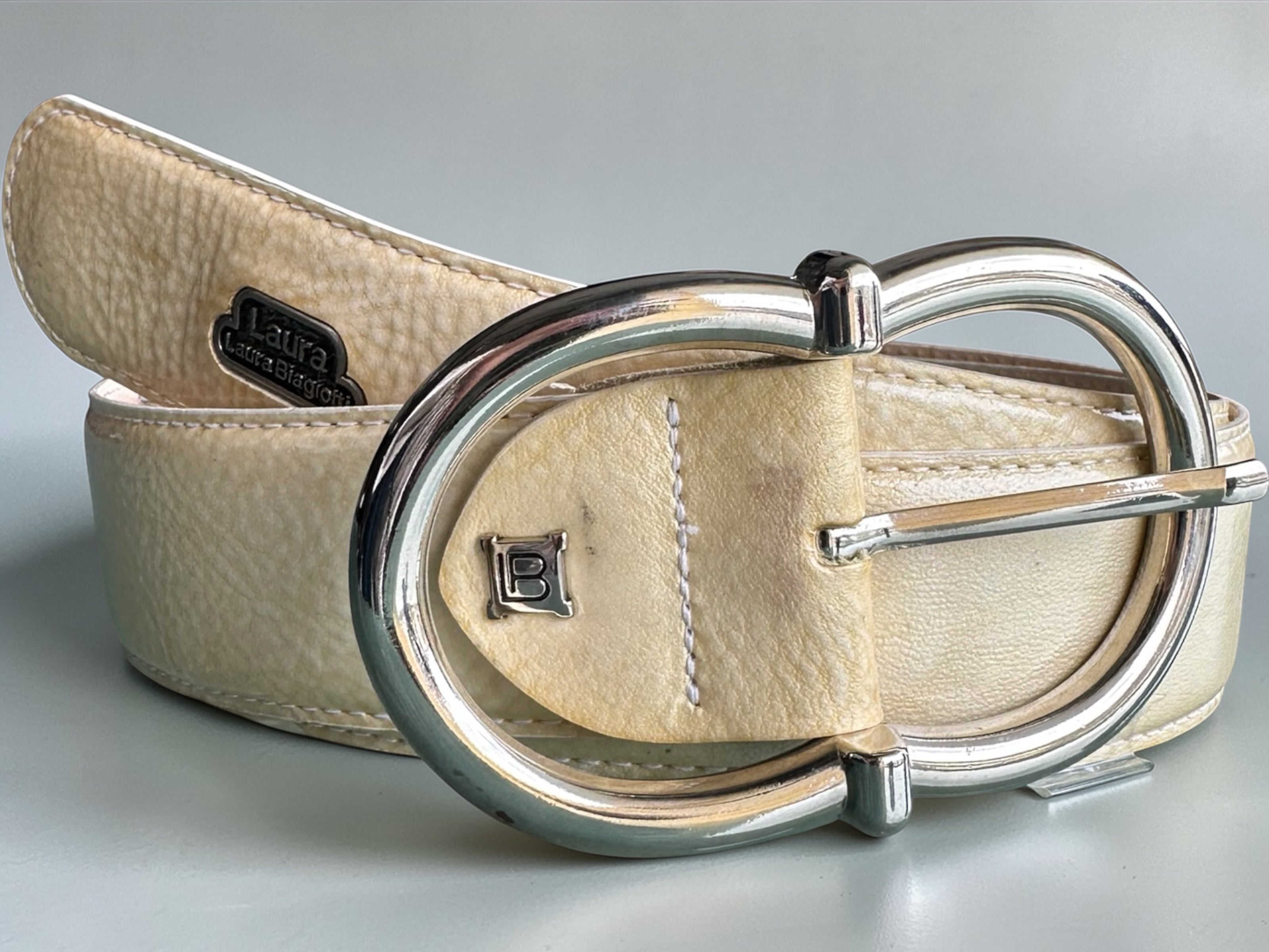 Cream Leather Belt Silver Buckle