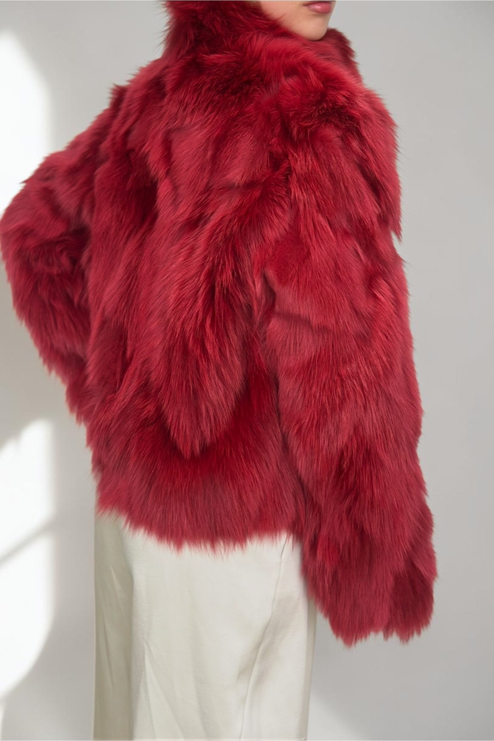 Crimson Red Fox Fur Horizontal Stripe Jacket