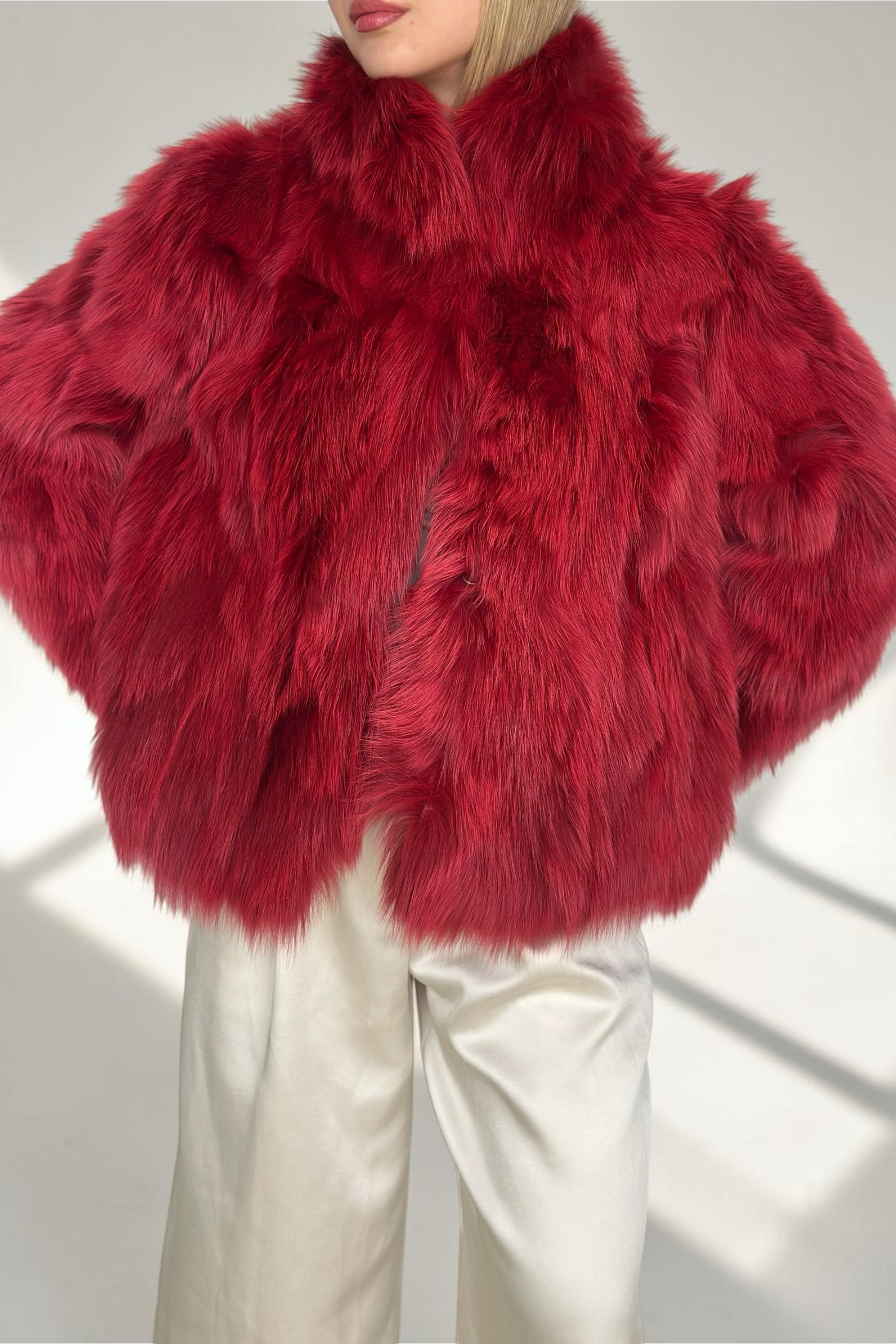 Crimson Red Fox Fur Horizontal Stripe Jacket