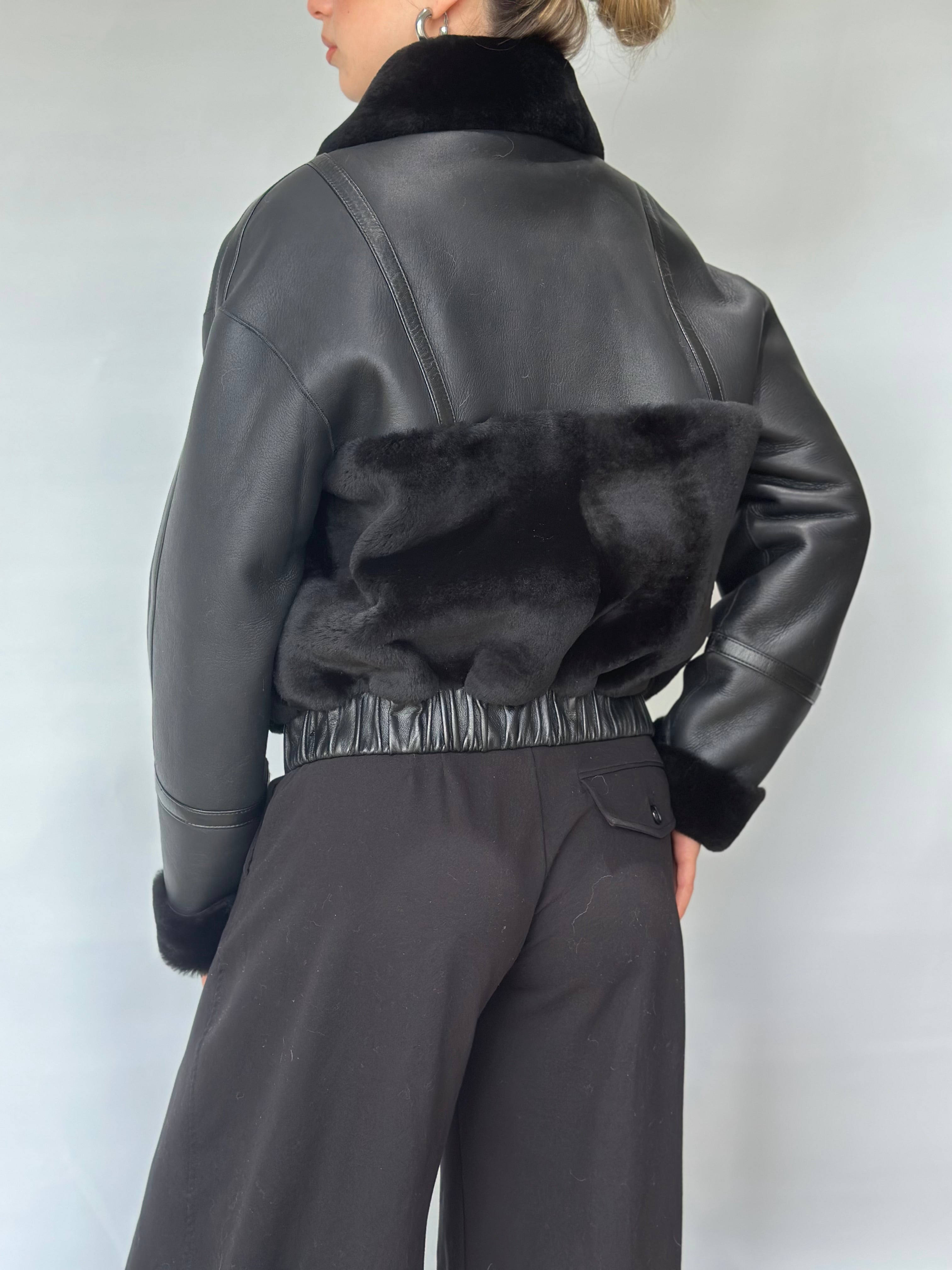 Black Sheepskin Short Jacket with Fur Collar and Cuffs