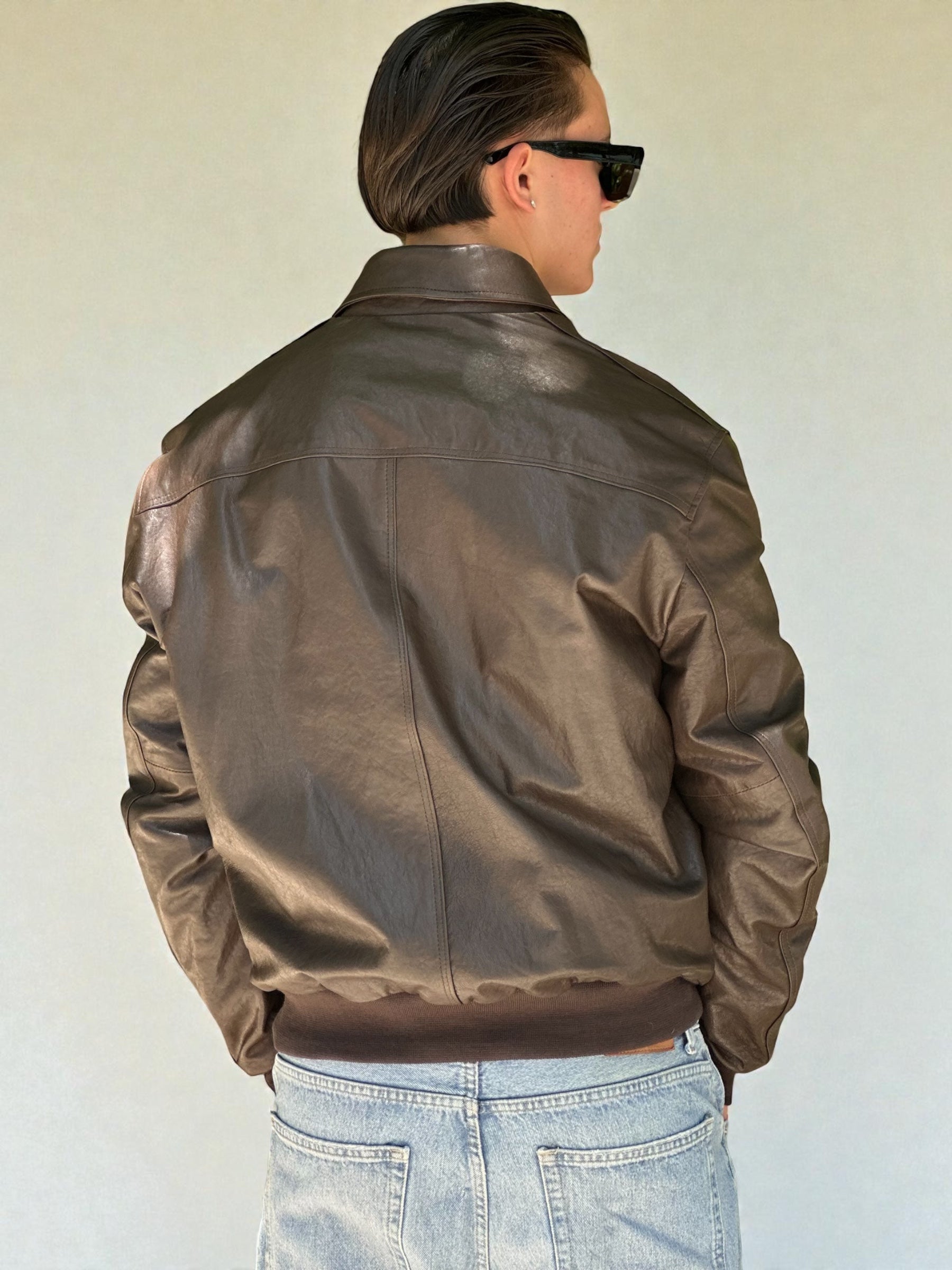 Dark Brown Leather Bomber Jacket