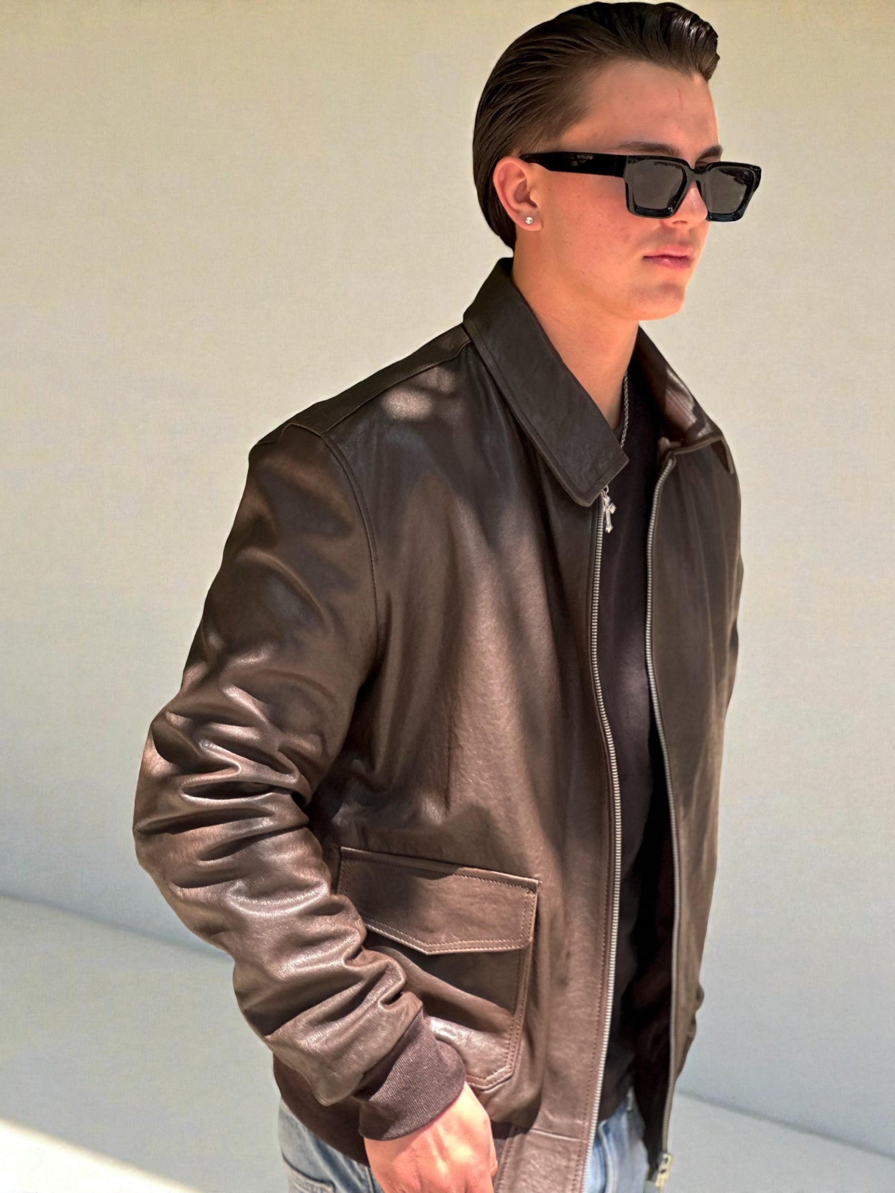 Dark Brown Leather Bomber Jacket