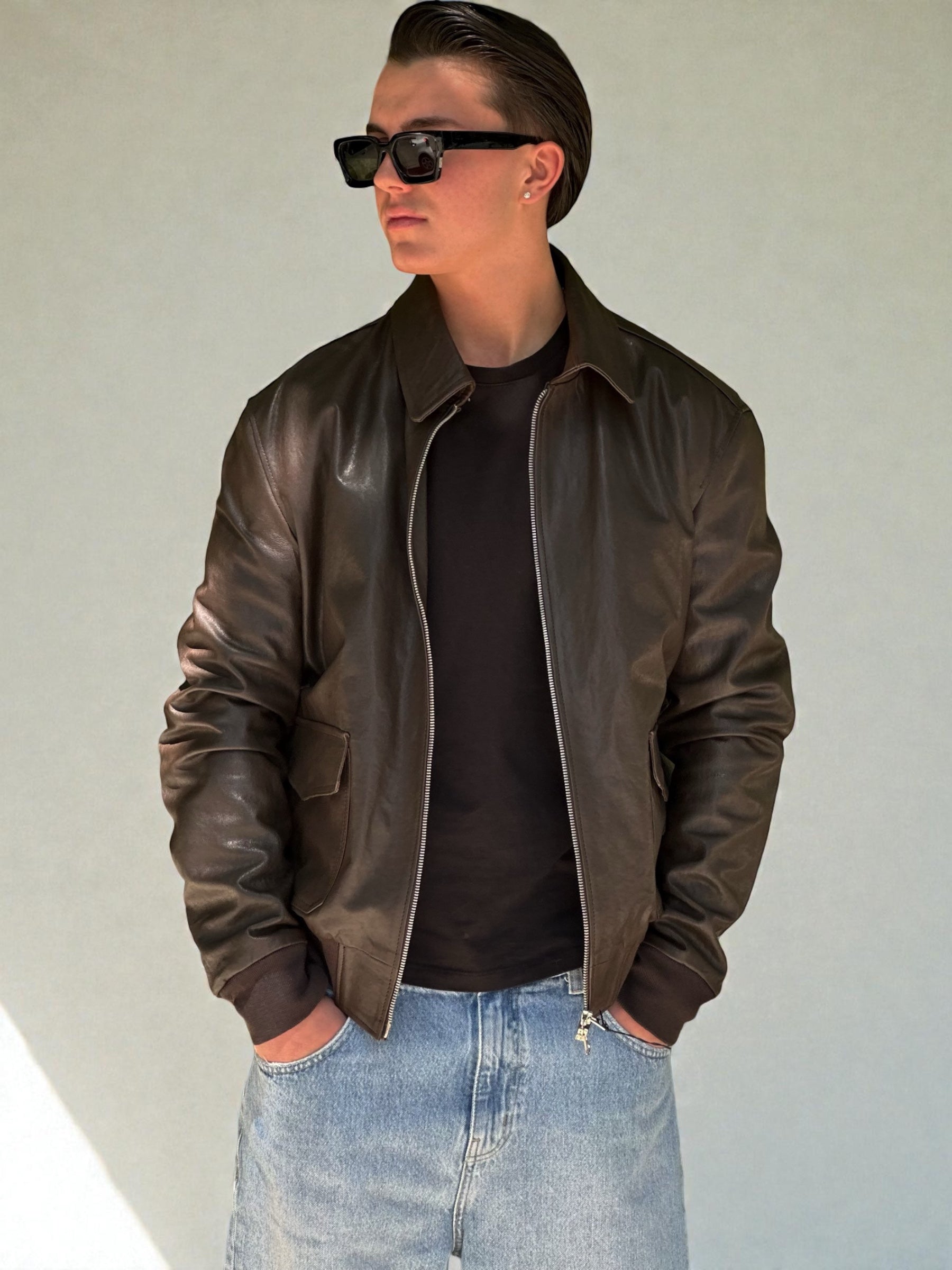 Dark Brown Leather Bomber Jacket