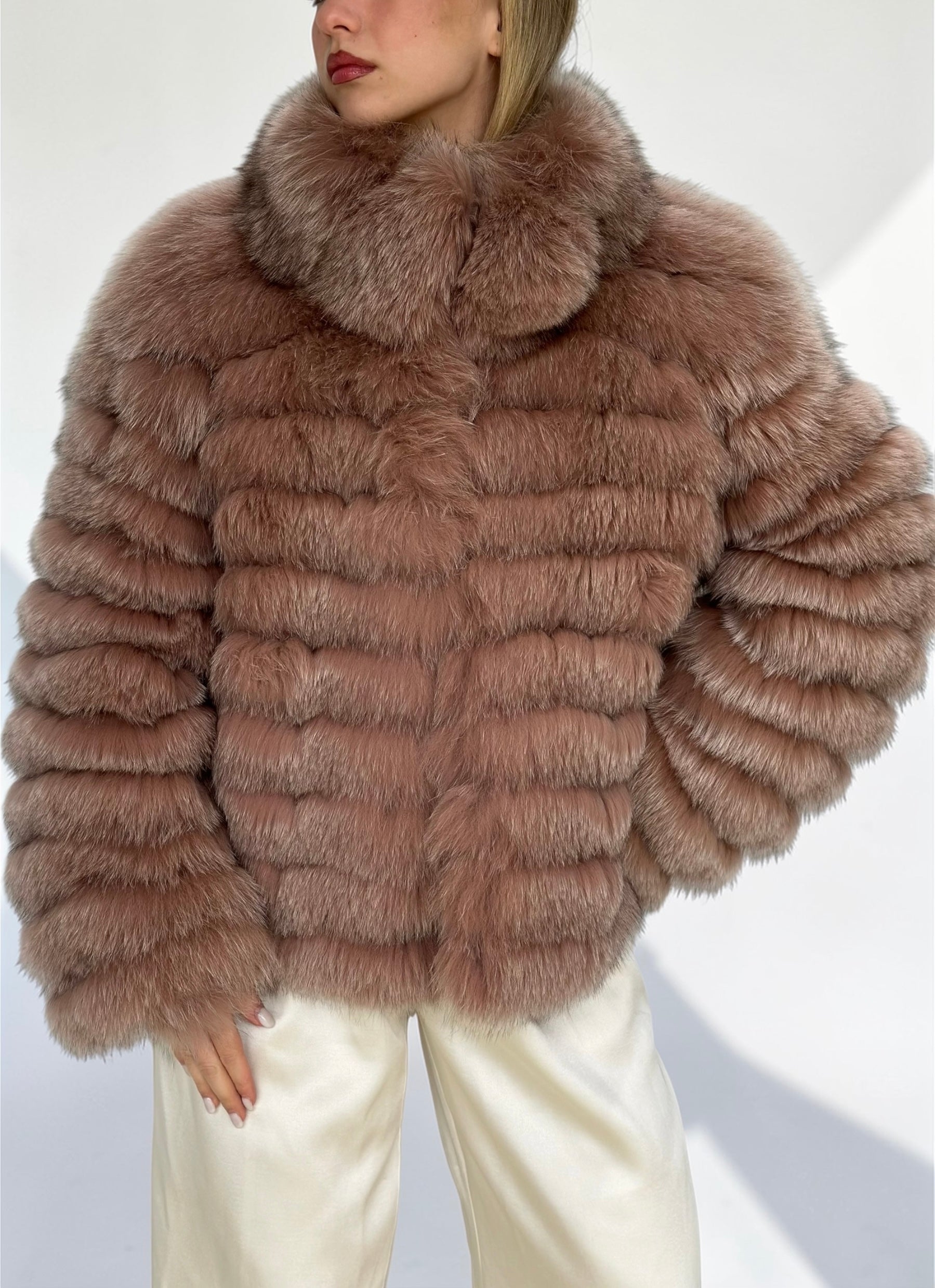 Dusty Rose Fox Fur Horizontal Stripe Jacket