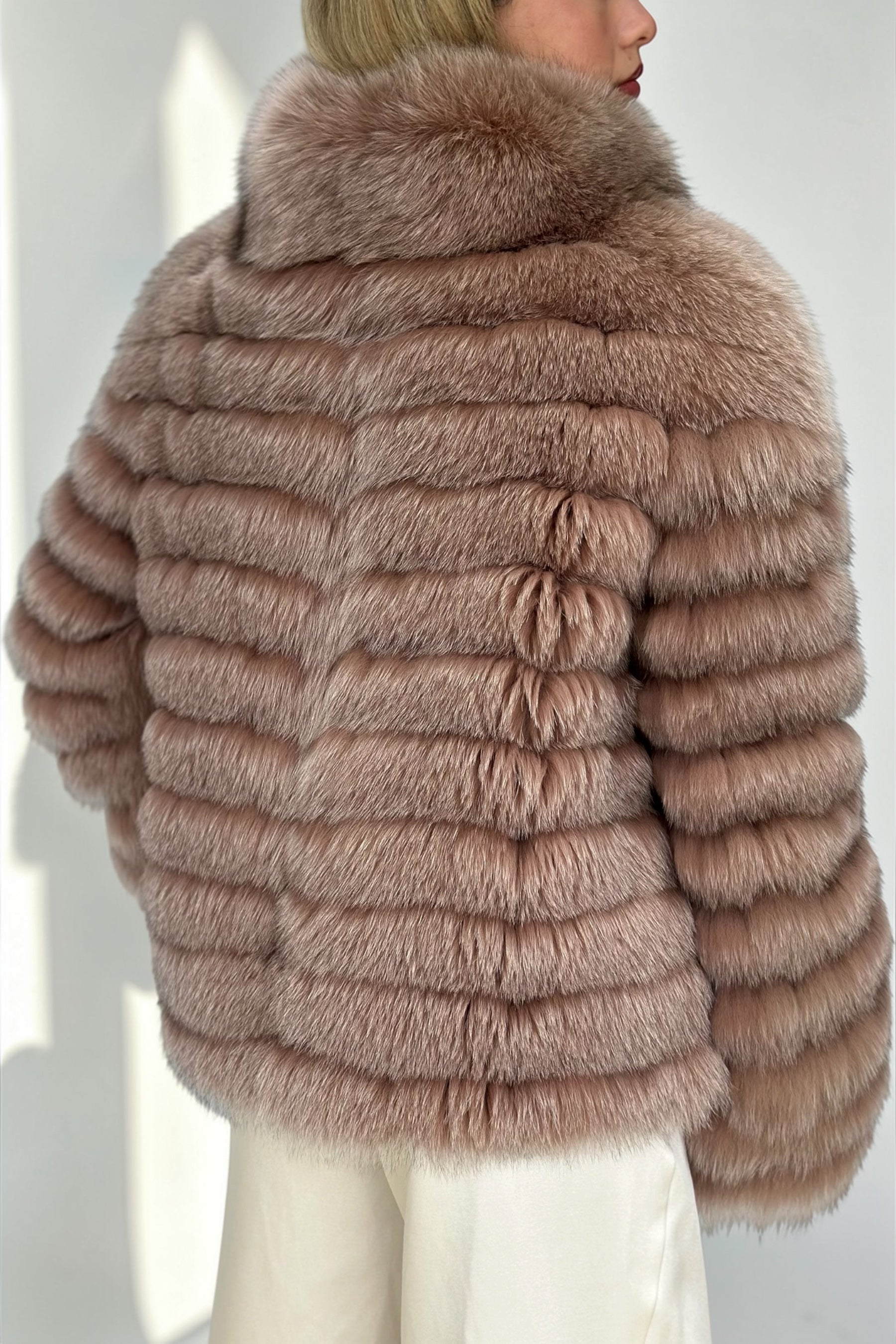 Dusty Rose Fox Fur Horizontal Stripe Jacket