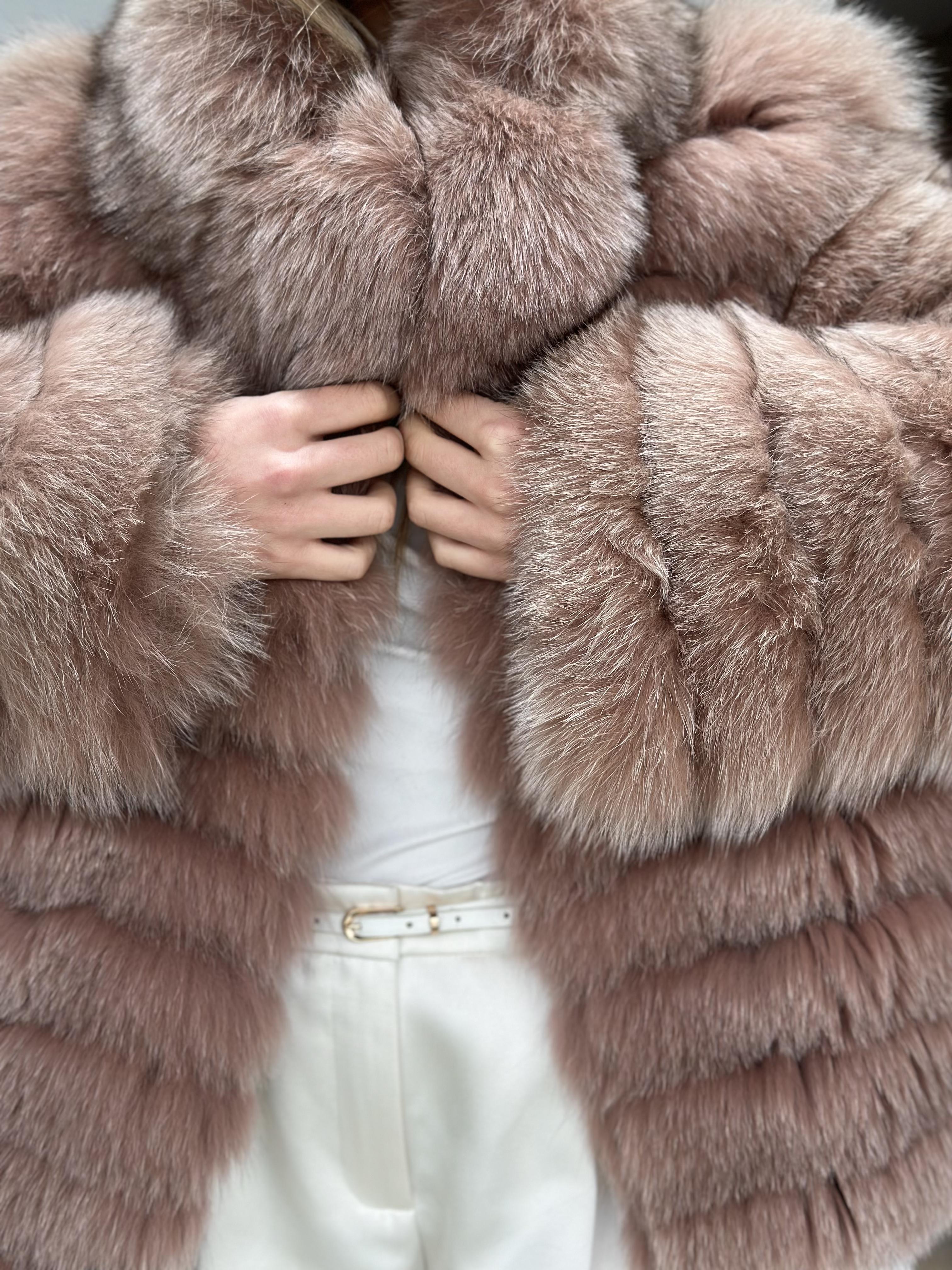 Dusty Rose Fox Fur Horizontal Stripe Jacket