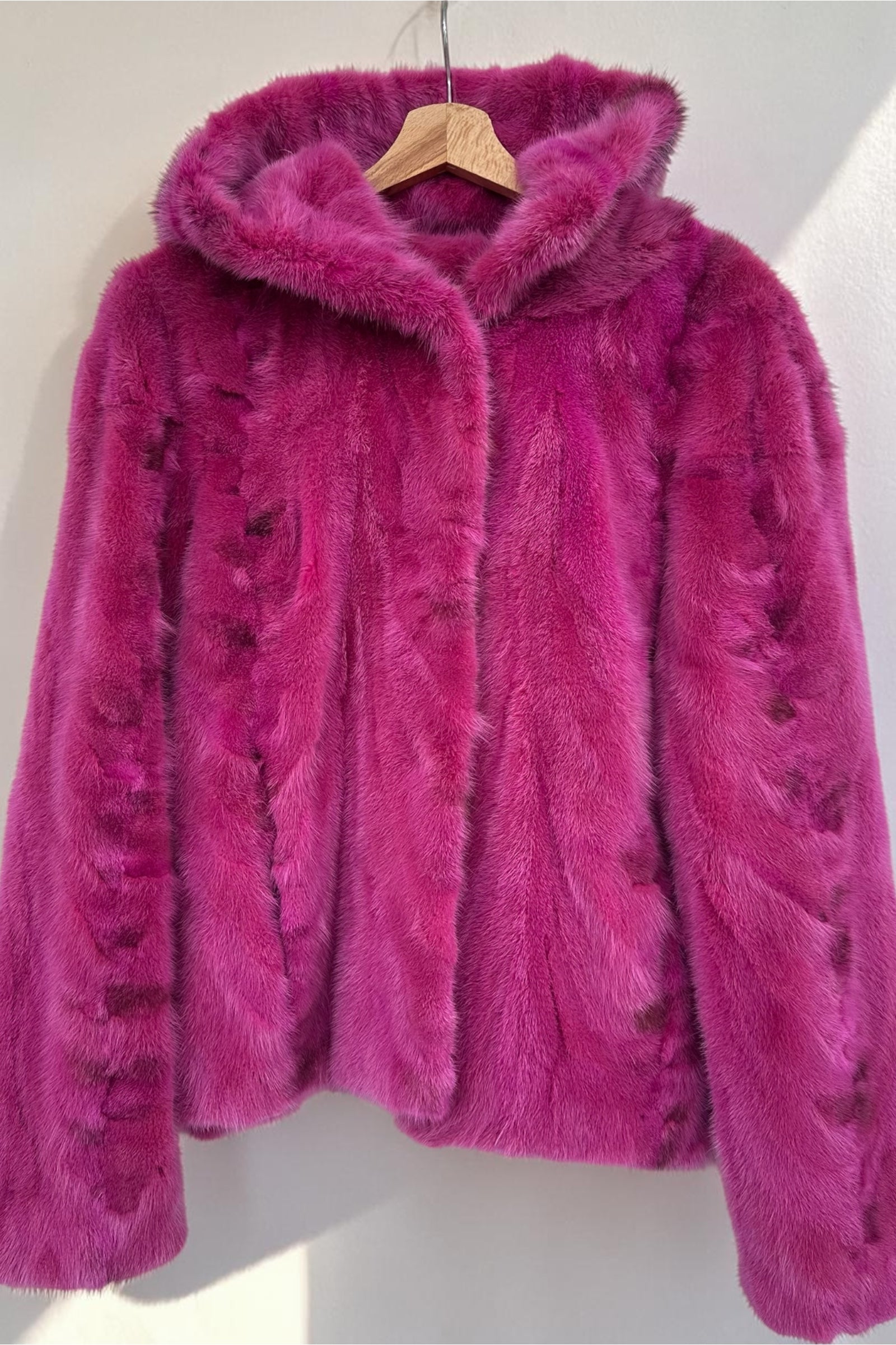 Fuchsia Mink Pieces Short Jacket With Hood