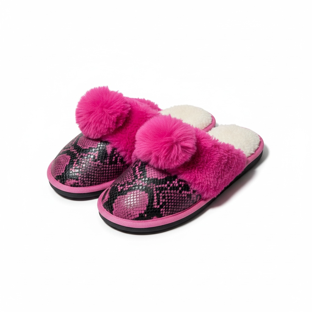 Fuchsia Snake Print Fur Slippers