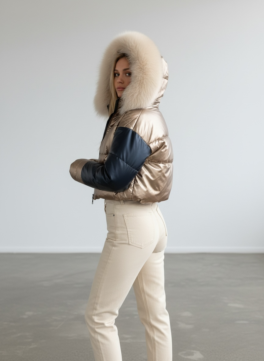 Gold And Navy Puffer Fur Hood