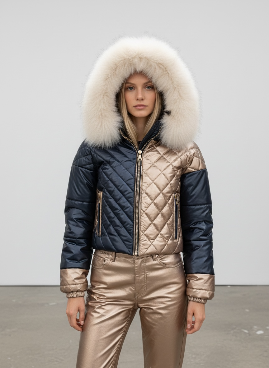 Gold And Navy Puffer Fur Hood