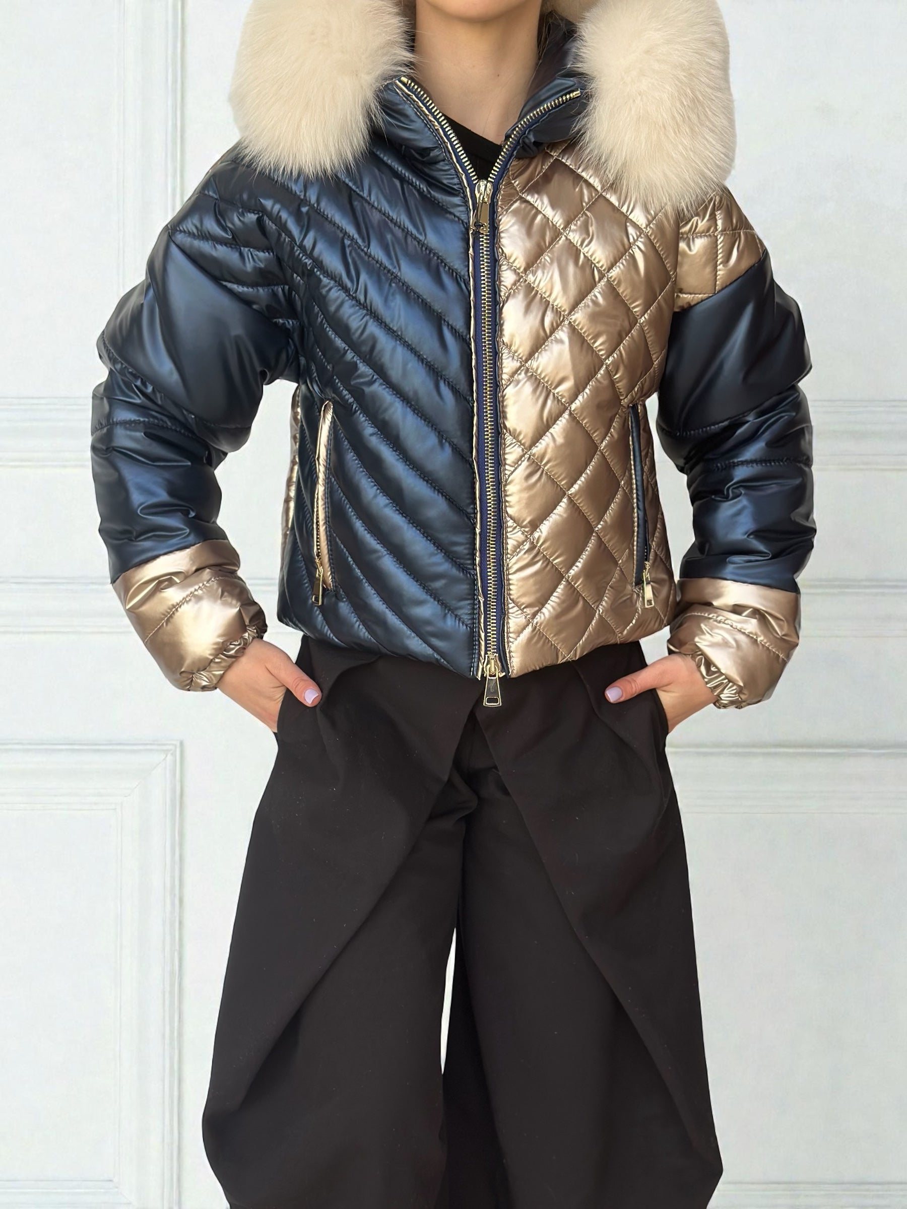 Gold And Navy Puffer Fur Hood