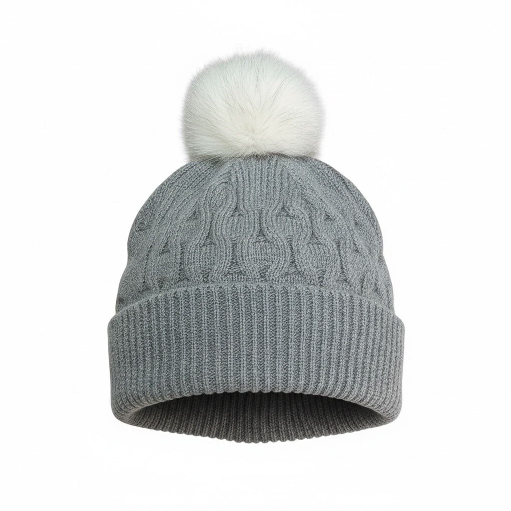 Grey Cable Knit Beanie with White Fox Fur Pompom