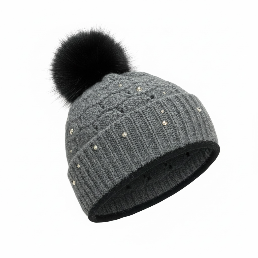 Grey Knitted Beanie with Black Fox Fur Pompom