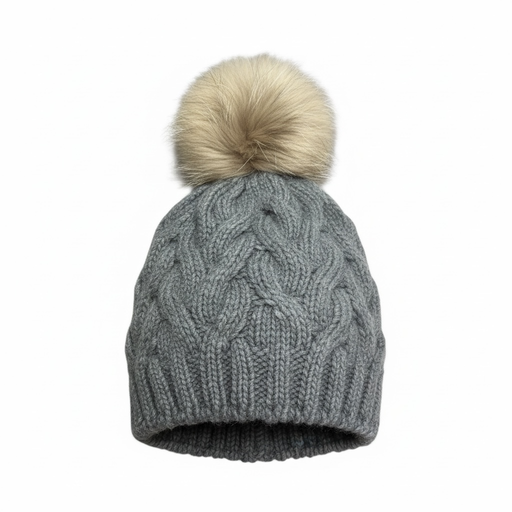 Grey Knitted Beanie with Natural Fox Fur Pompom