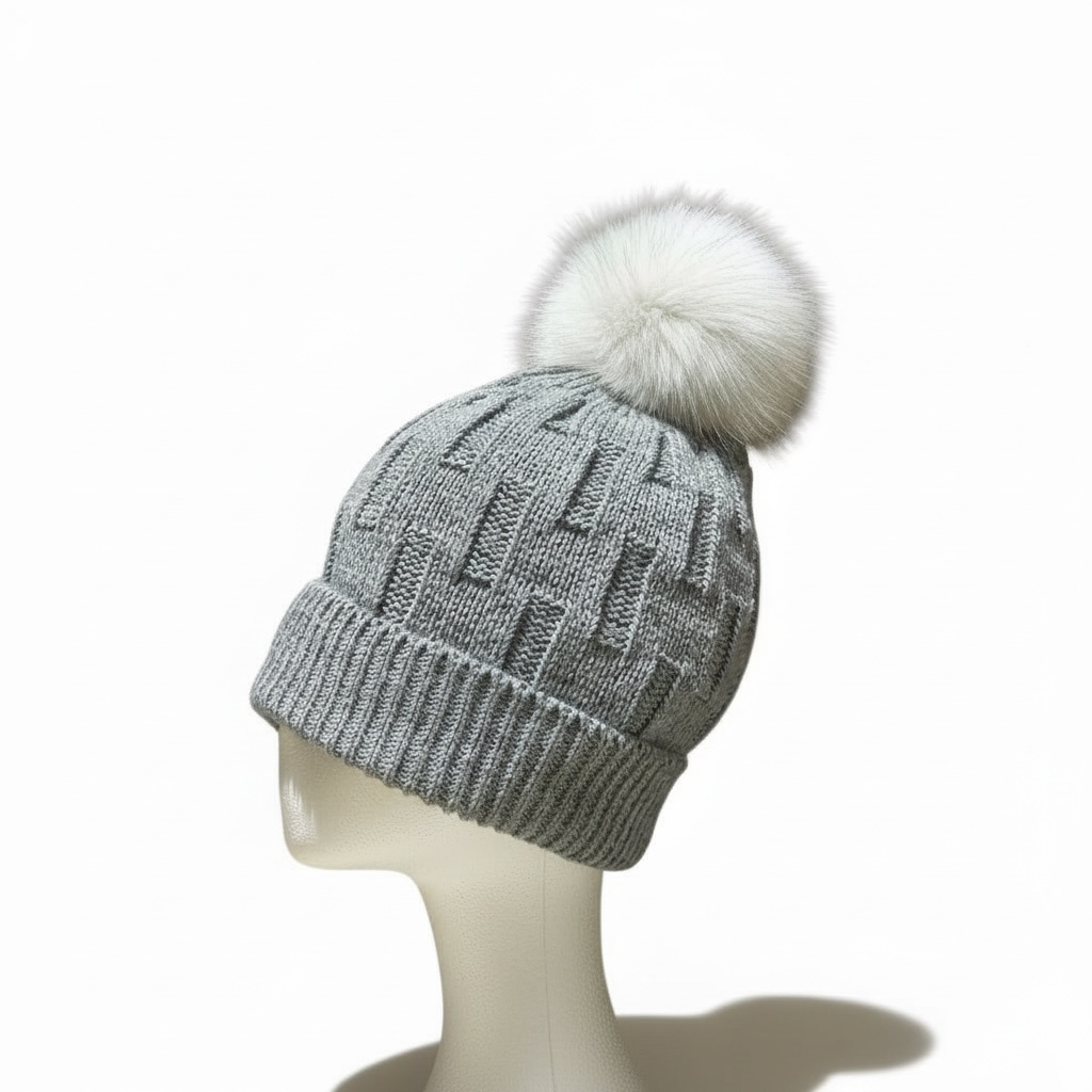 Grey Knitted Beanie with White Fox Fur Pompom
