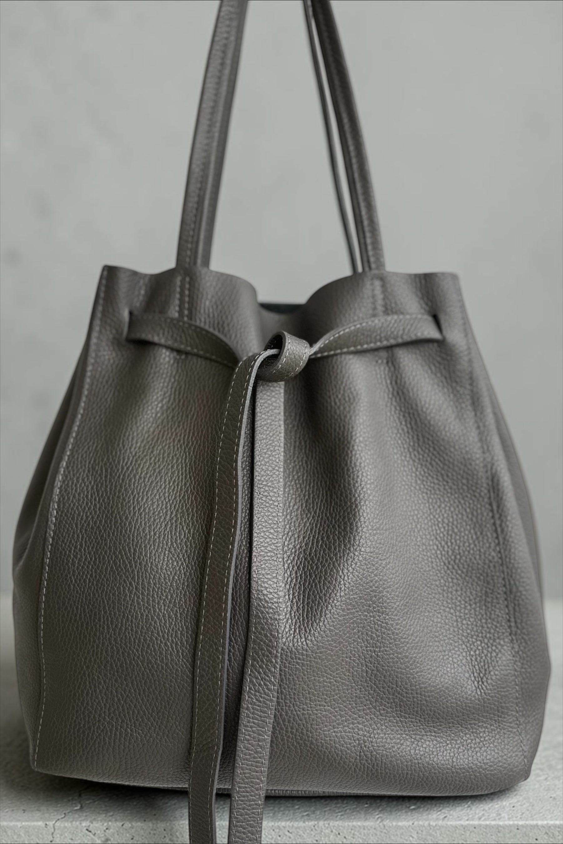 Grey Leather Bucket Bag