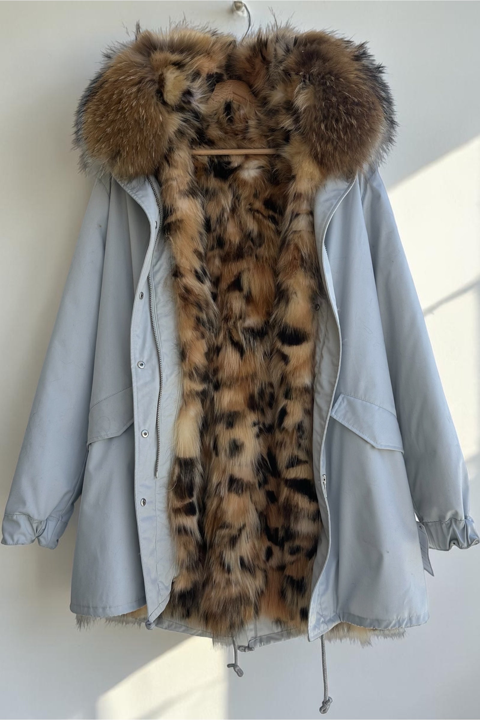 Grey Parka with Raccoon Collar and Fox Lining