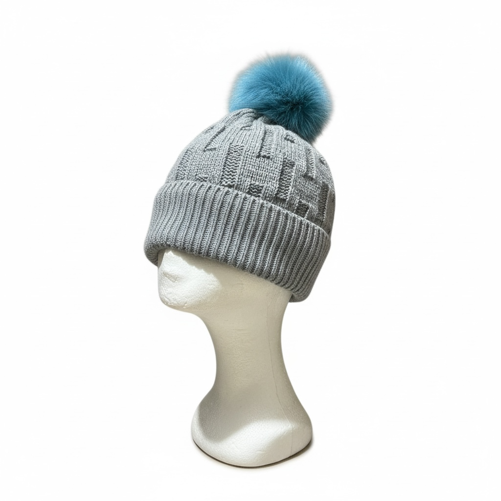 Grey Ribbed Beanie with Blue Fox Fur Pompom