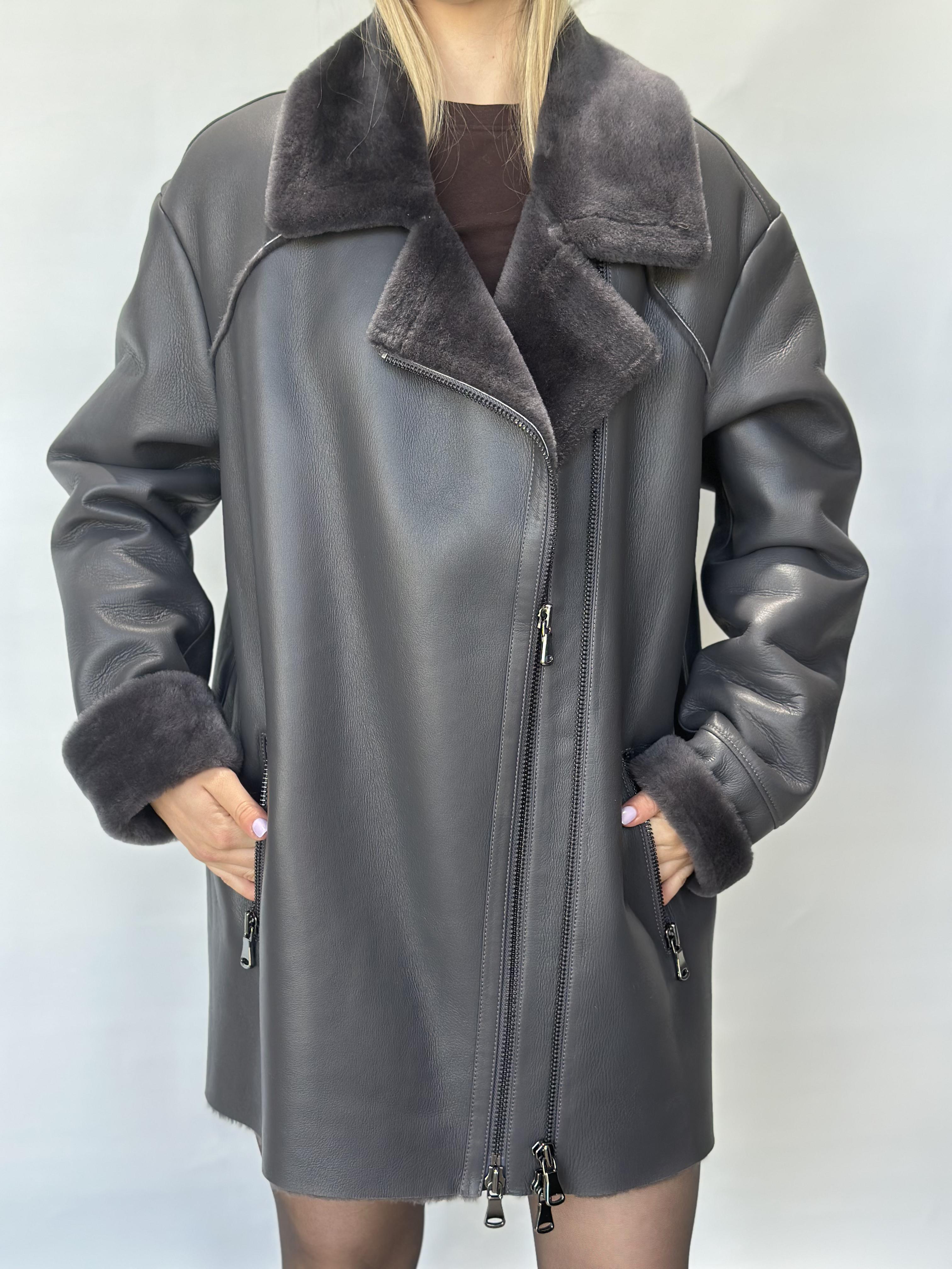 Grey Sheepskin Coat Asymmetric Zip Detail
