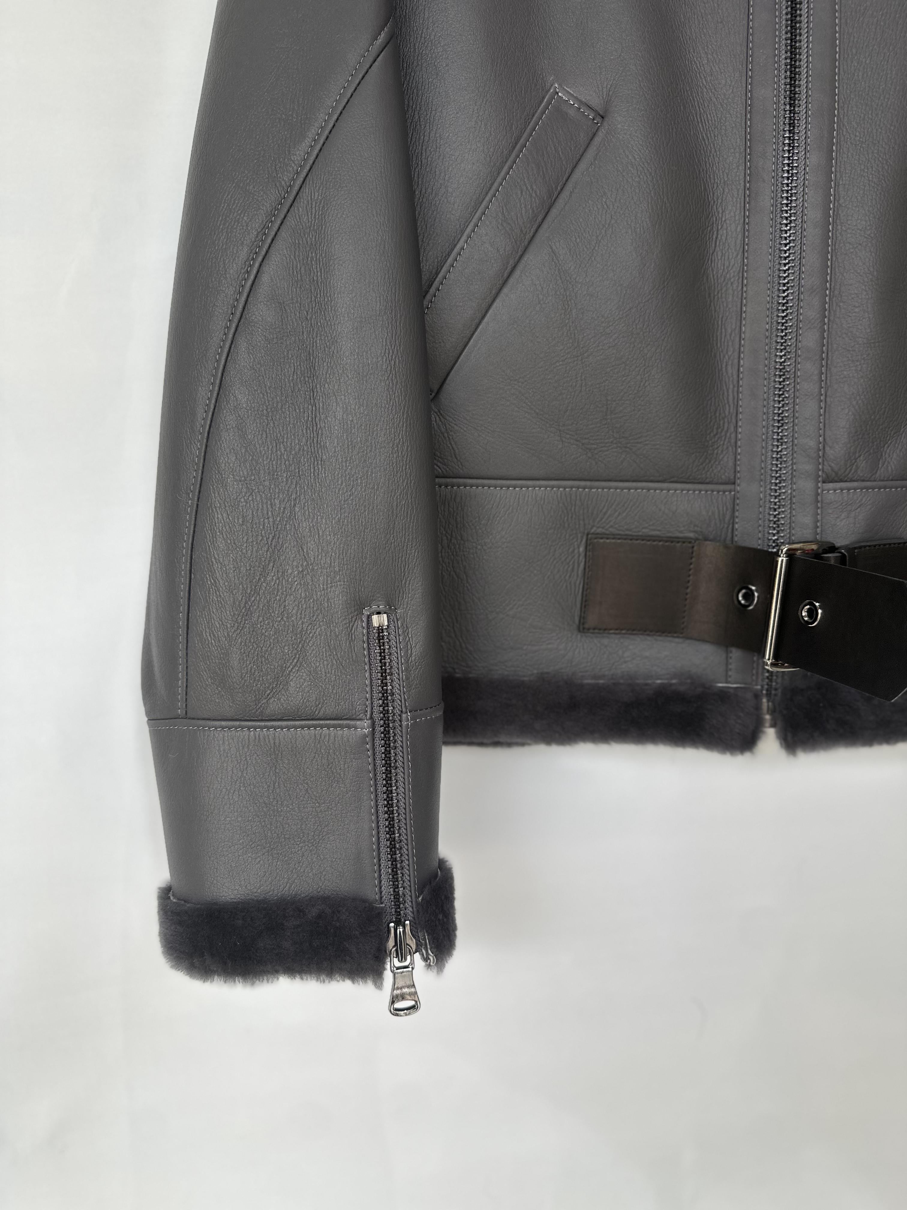 Grey Sheepskin Jacket Belted Hem Detail