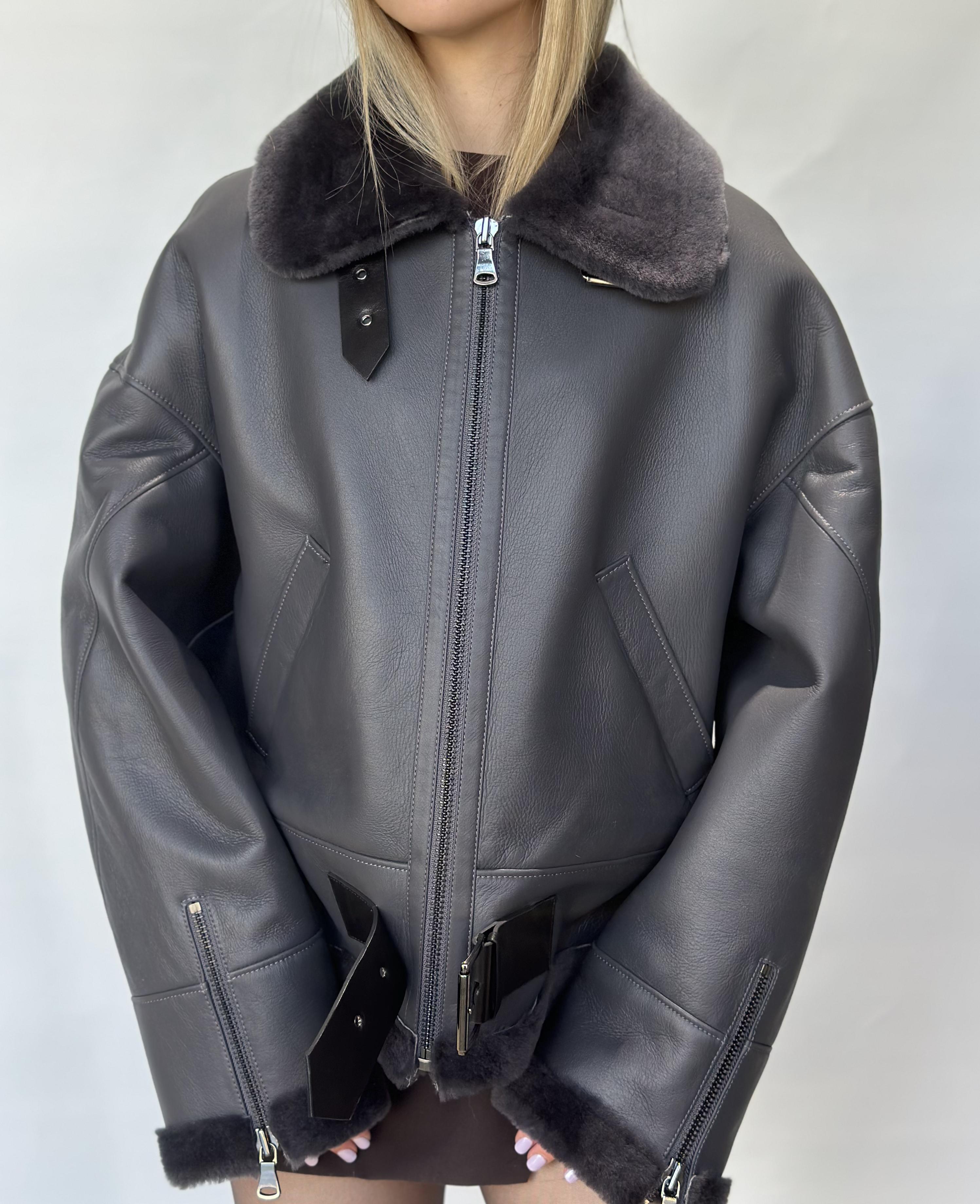 Grey Sheepskin Jacket Belted Hem Detail