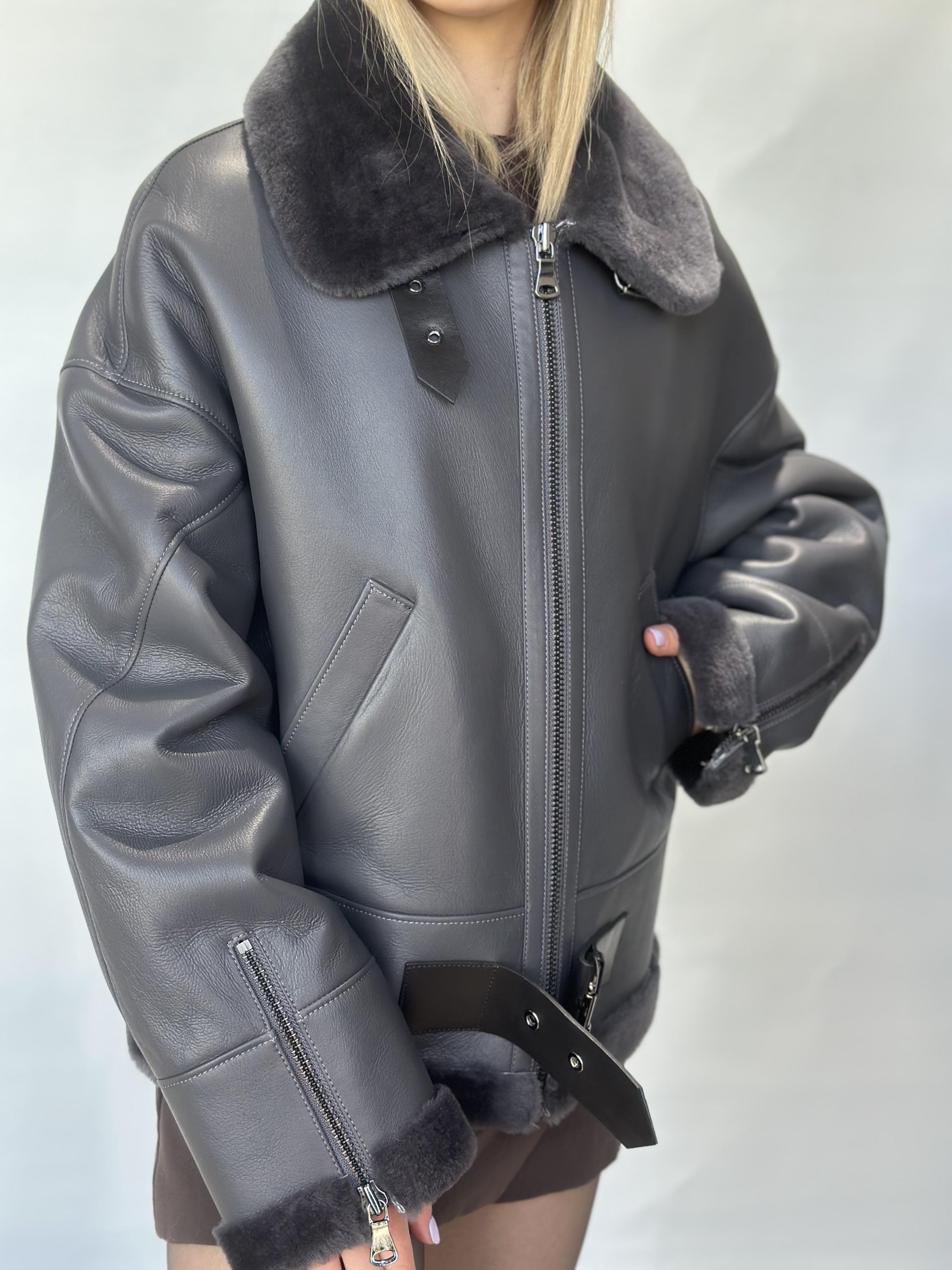 Grey Sheepskin Jacket Belted Hem Detail