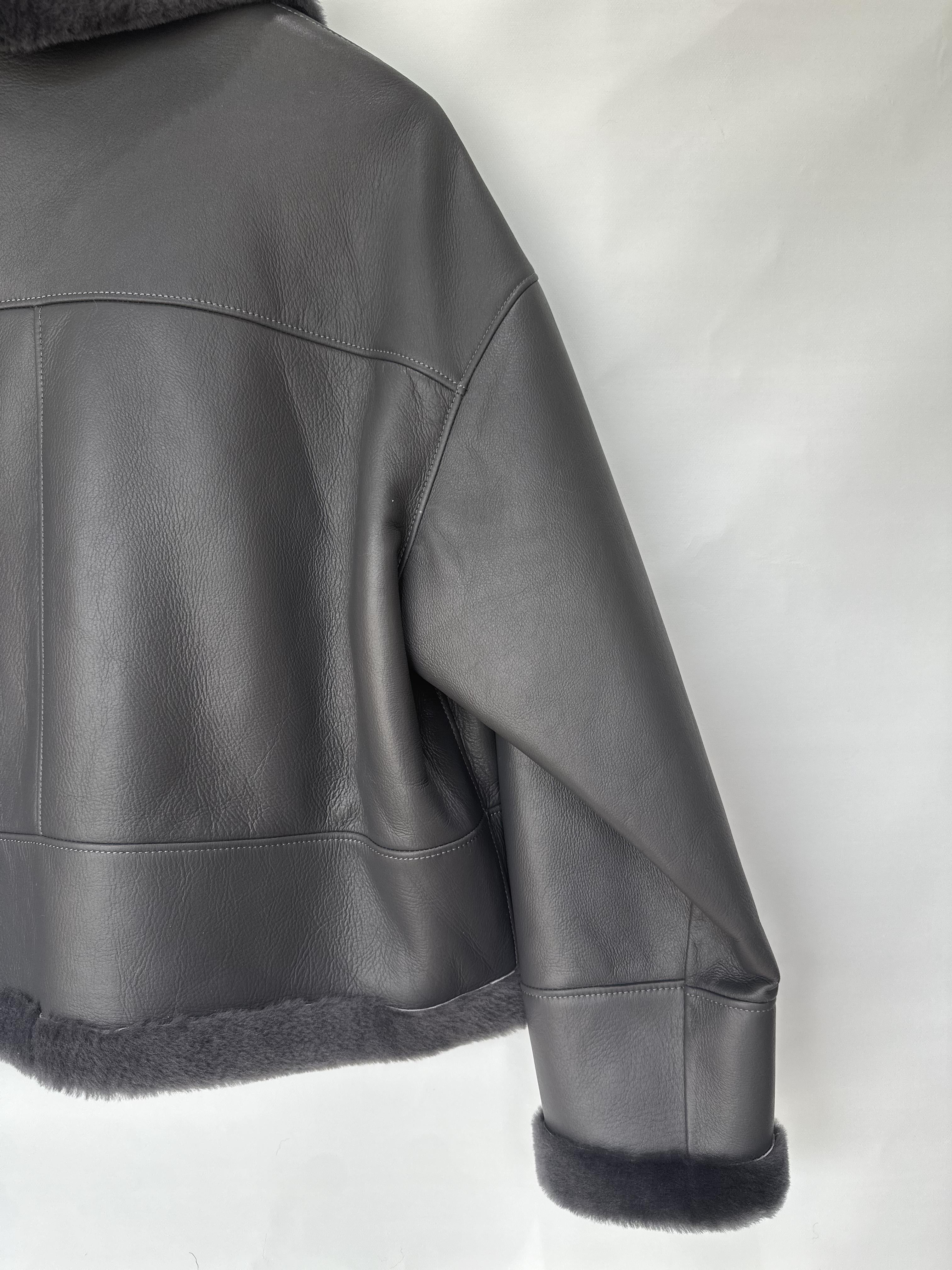 Grey Sheepskin Jacket Belted Hem Detail