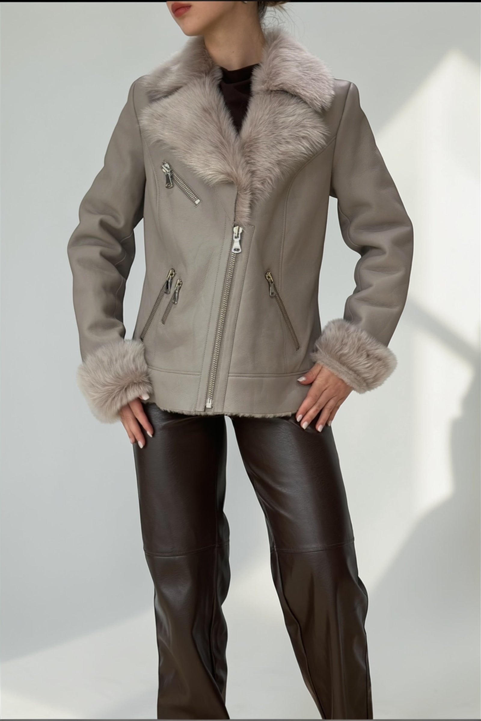 Grey Sheepskin Jacket with Fur Collar and Cuffs