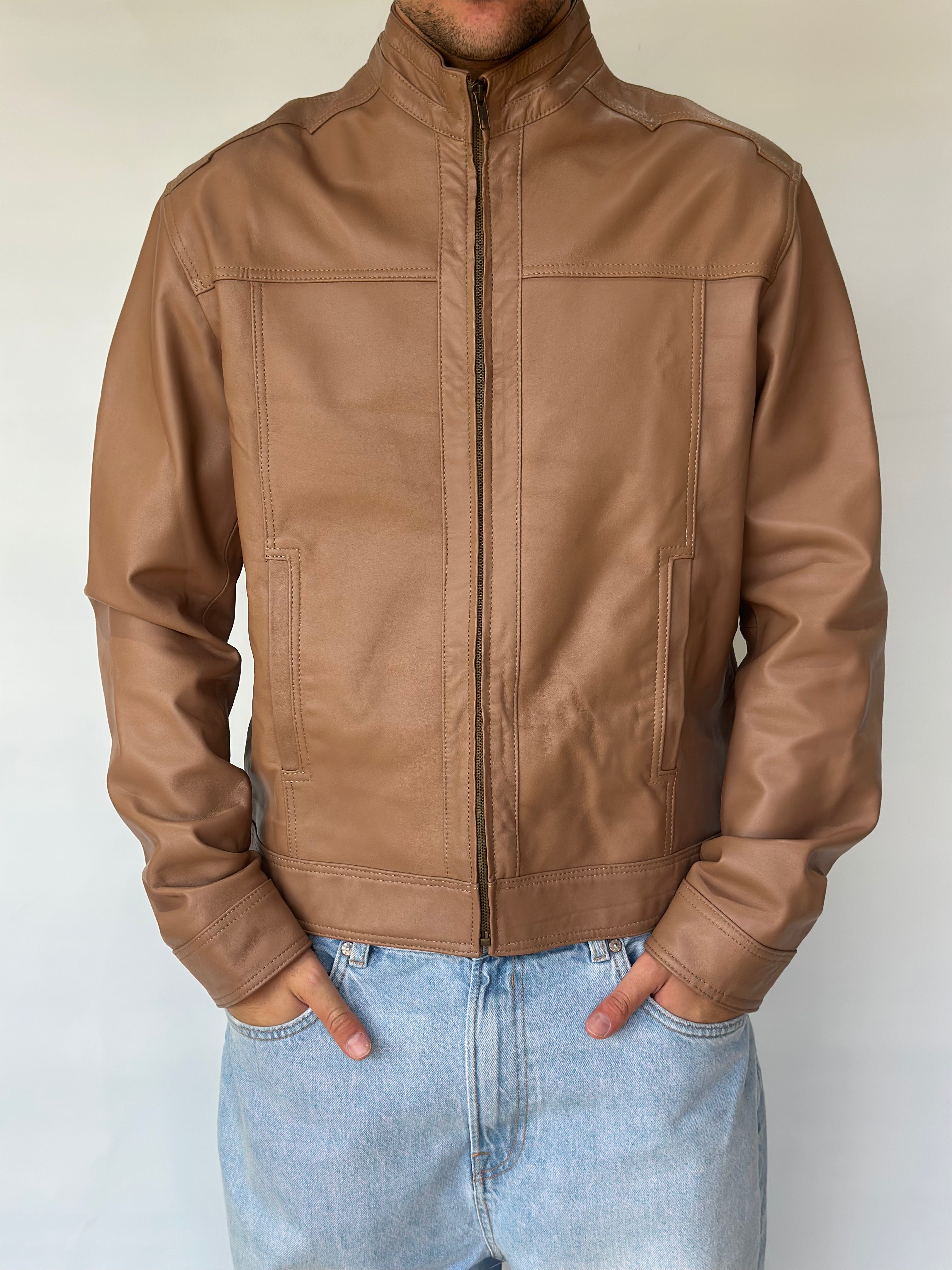 Brown Leather Jacket Quilted Shoulder Panels