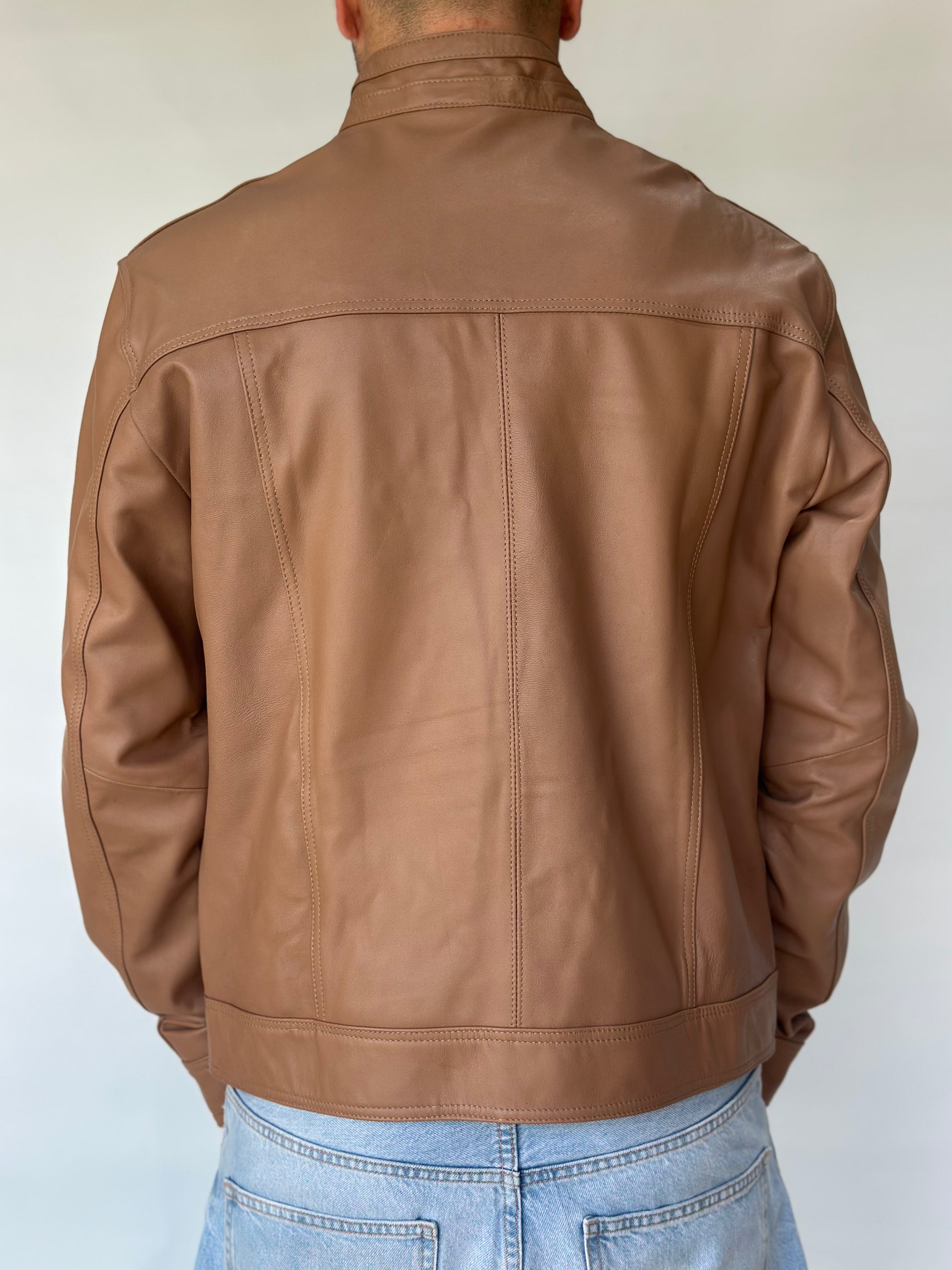 Brown Leather Jacket Quilted Shoulder Panels