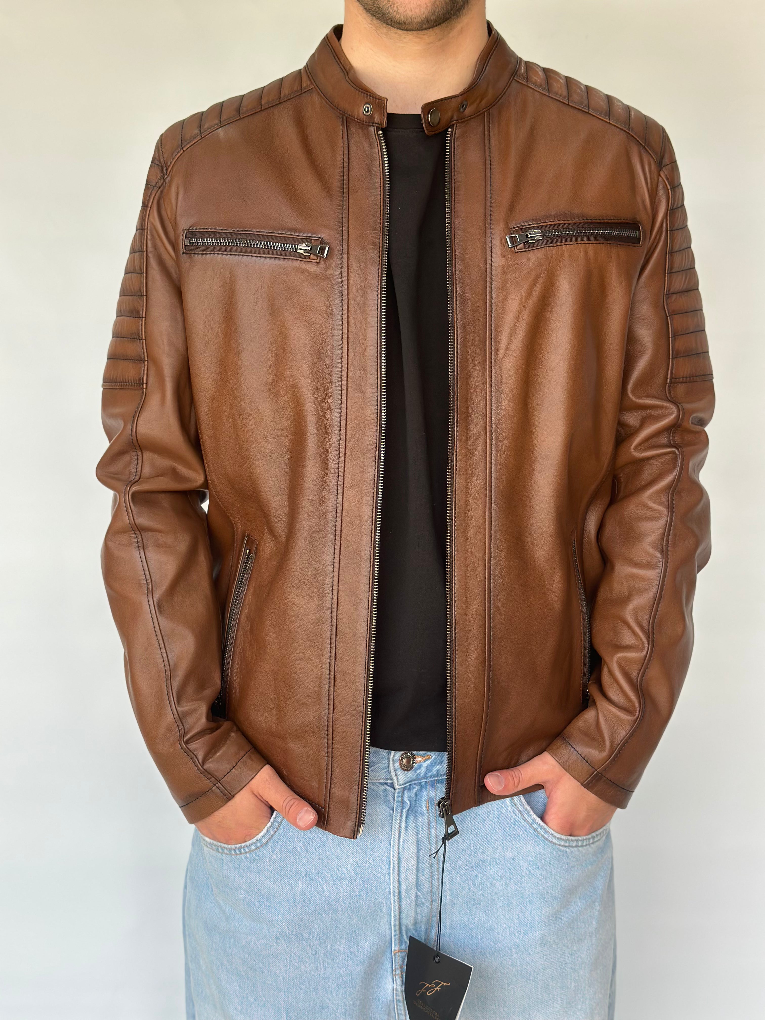 Brown Leather Jacket Quilted Shoulder Panels