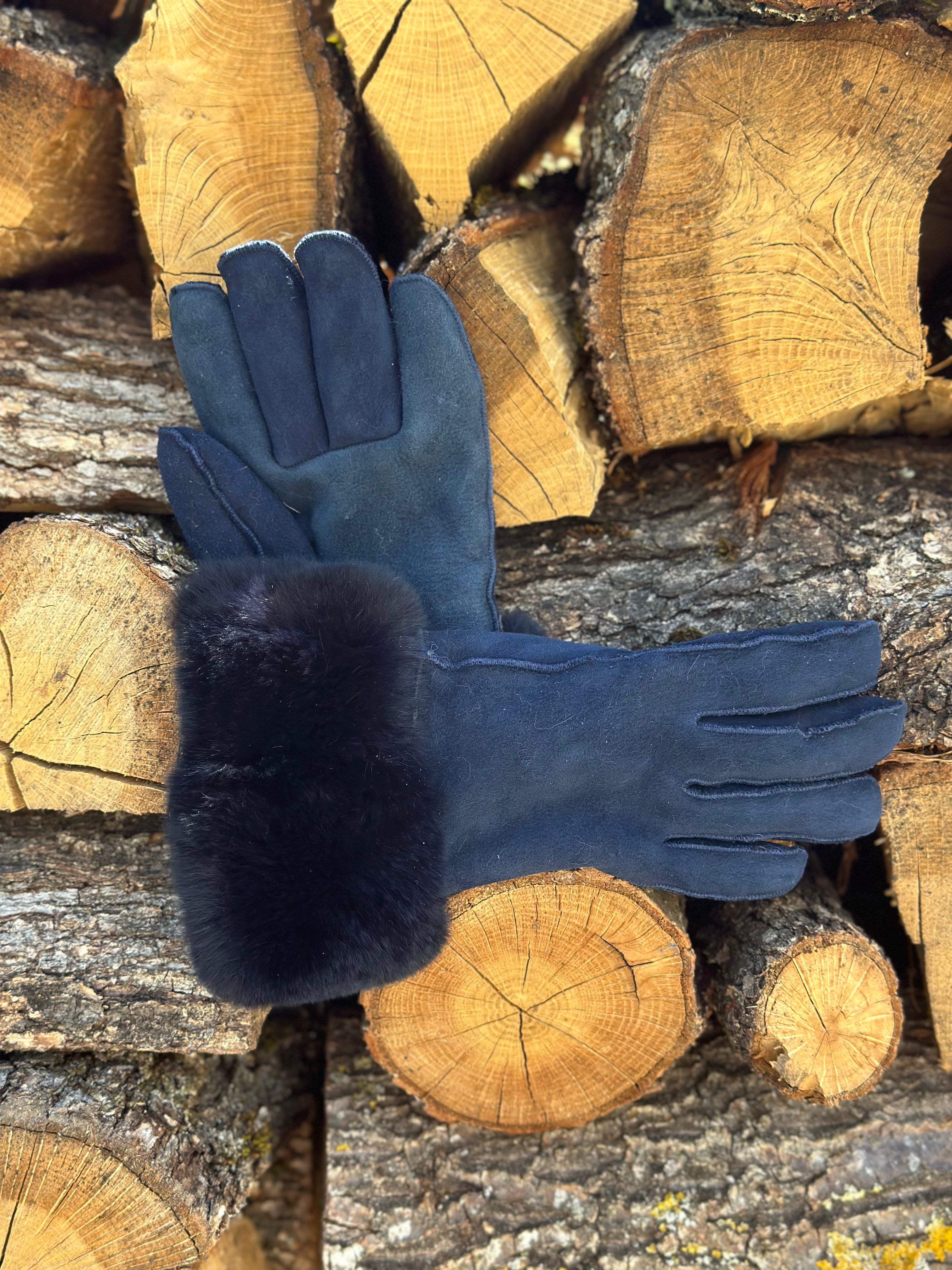 Navy Sheepskin Gloves with Fur Cuffs