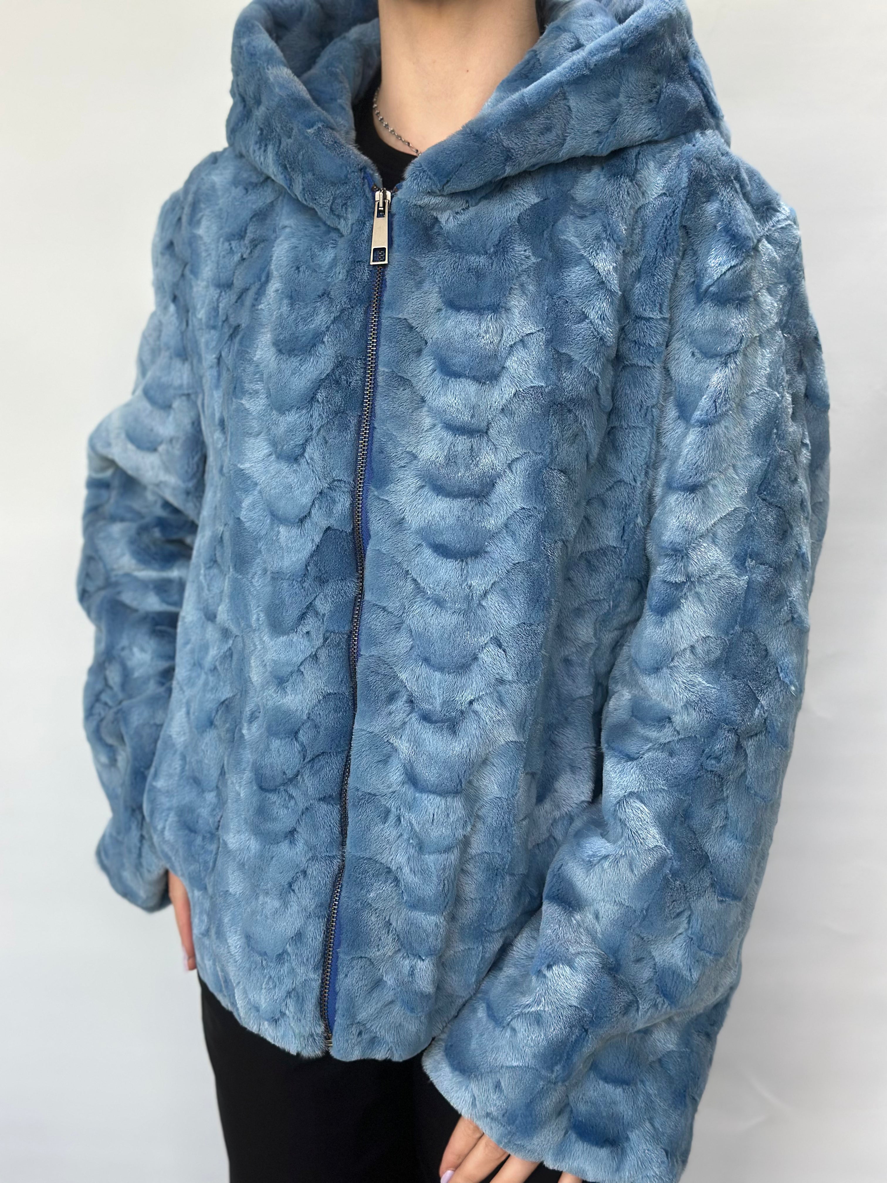 Blue Mink Pieces Short Jacket With Hood