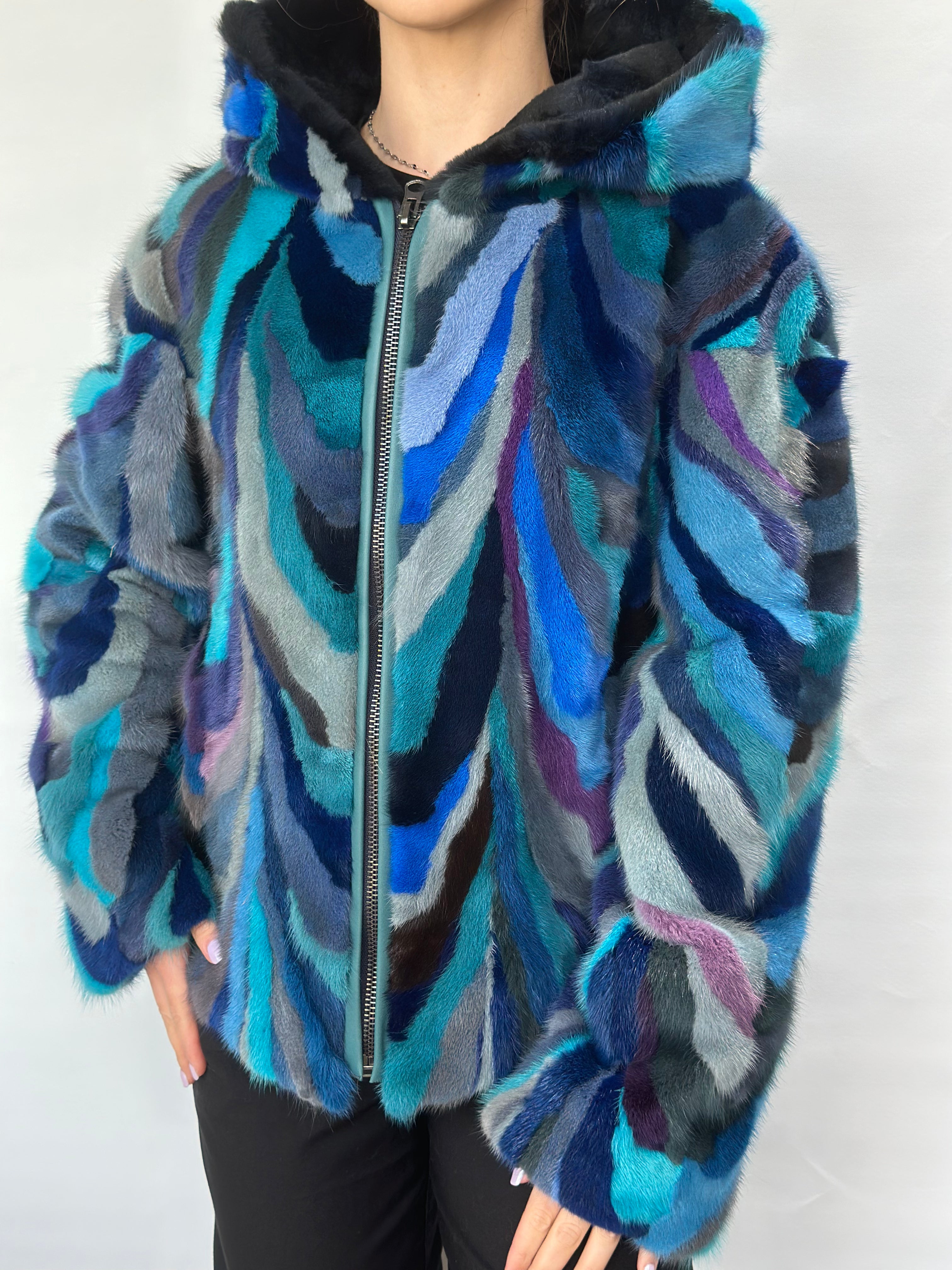 Blue Multi-color Mink Pieces Short Jacket With Hood