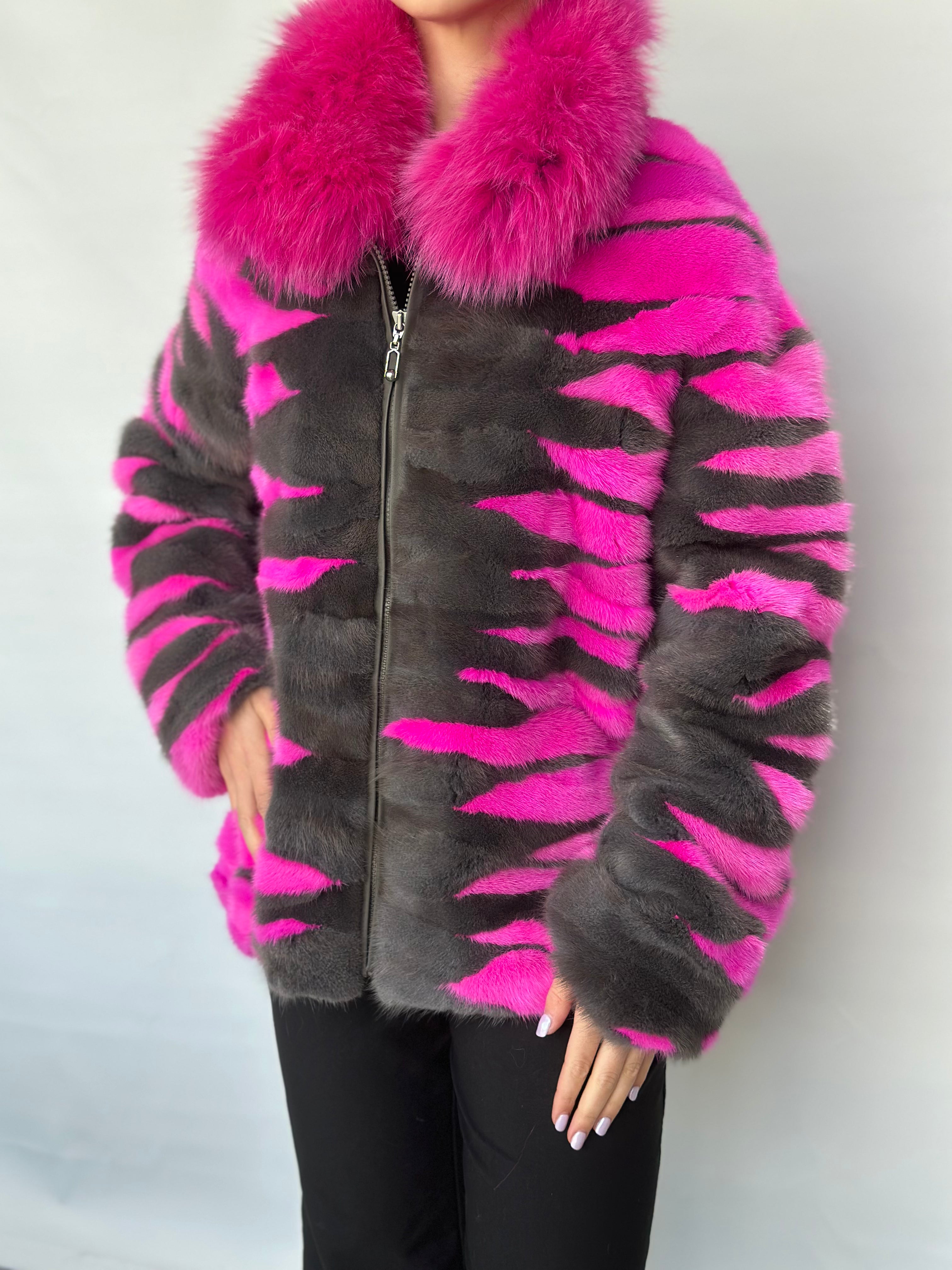 Pink And Grey Mink Pieces Jacket With Fox Fur Collar