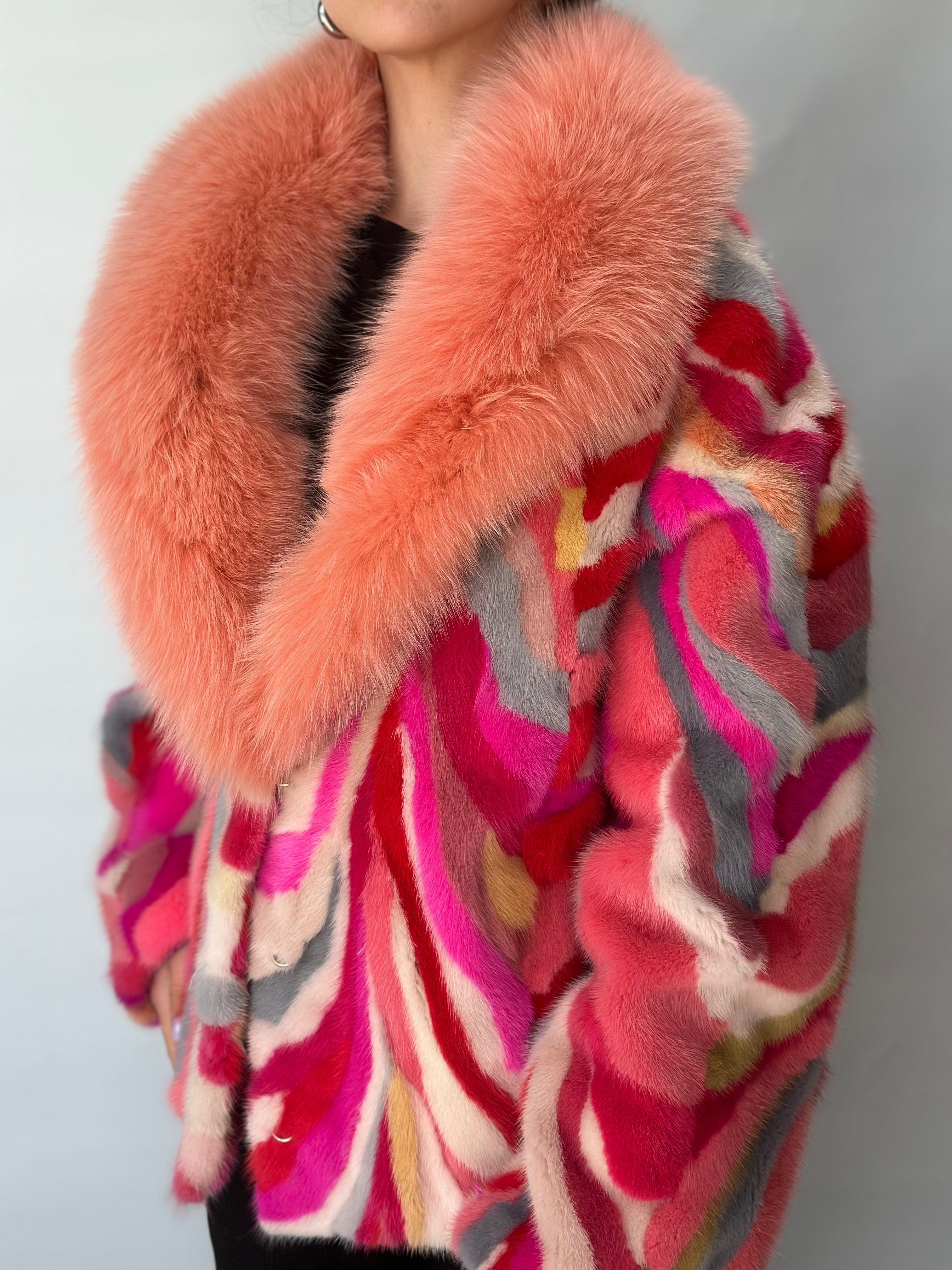Multicolor Mink Pieces Short Jacket With Fox Fur Trim
