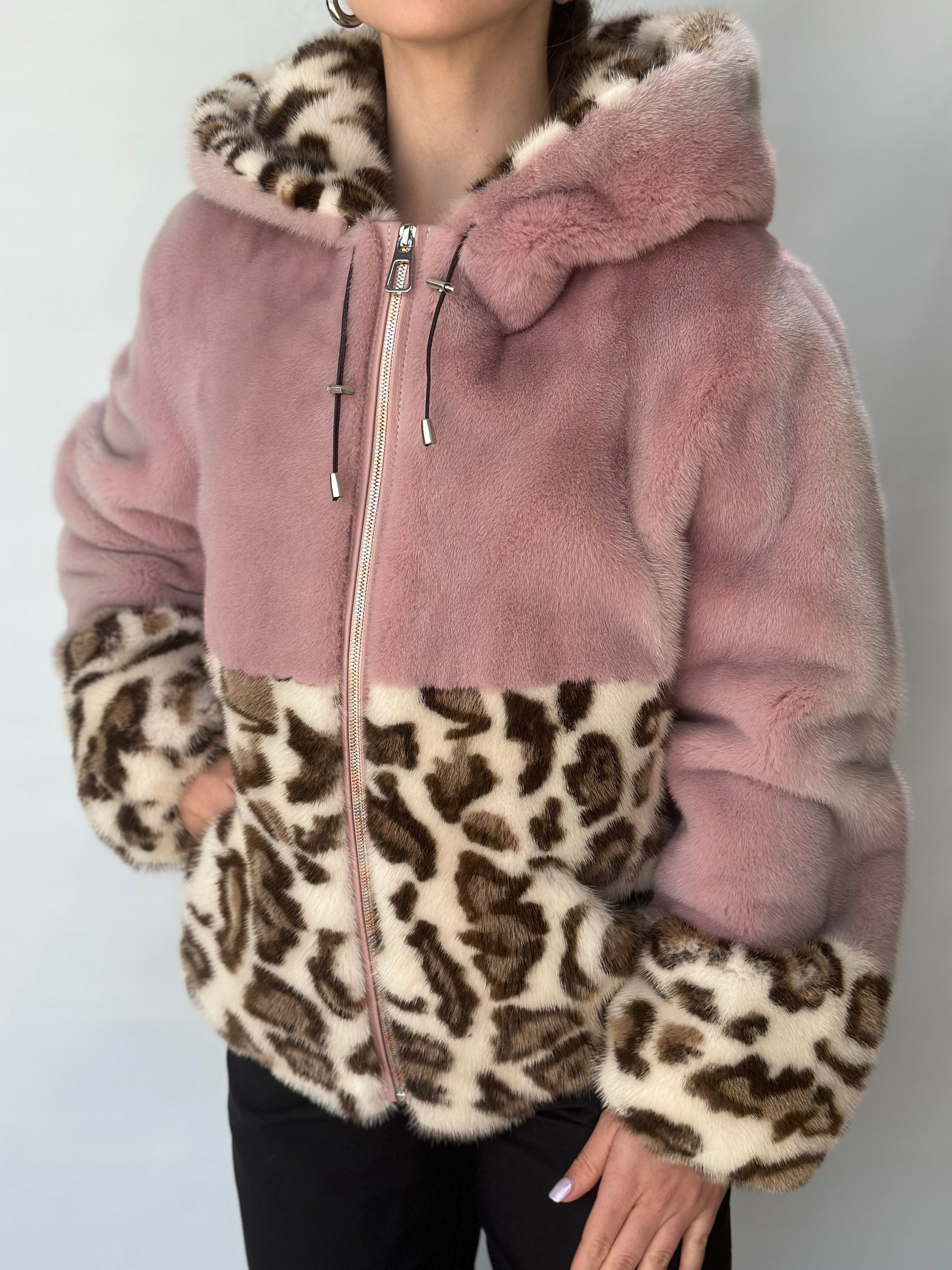 Mauve And Leopard Mink Short Jacket