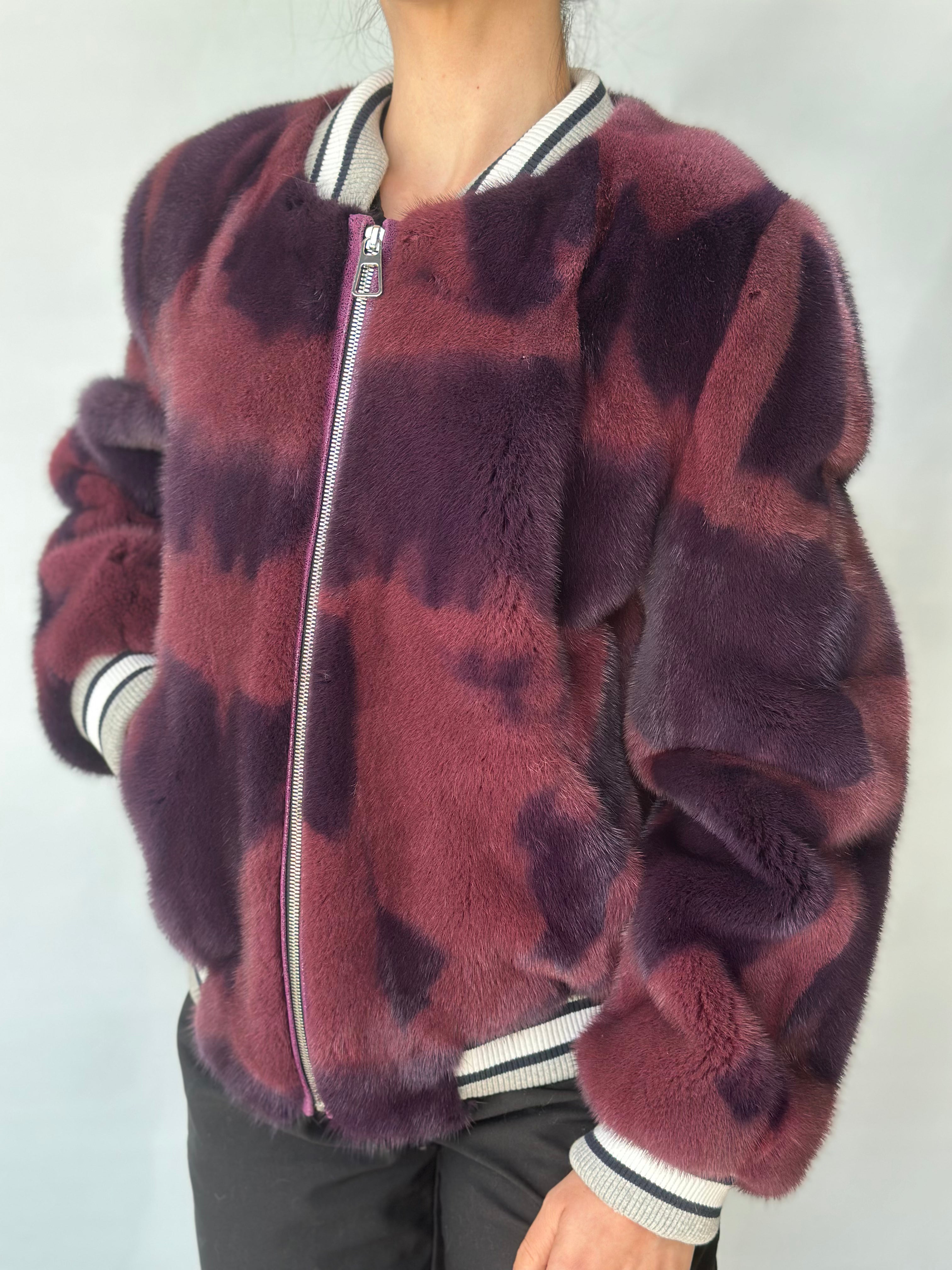 Burgundy And Black Mink Bomber Jacket