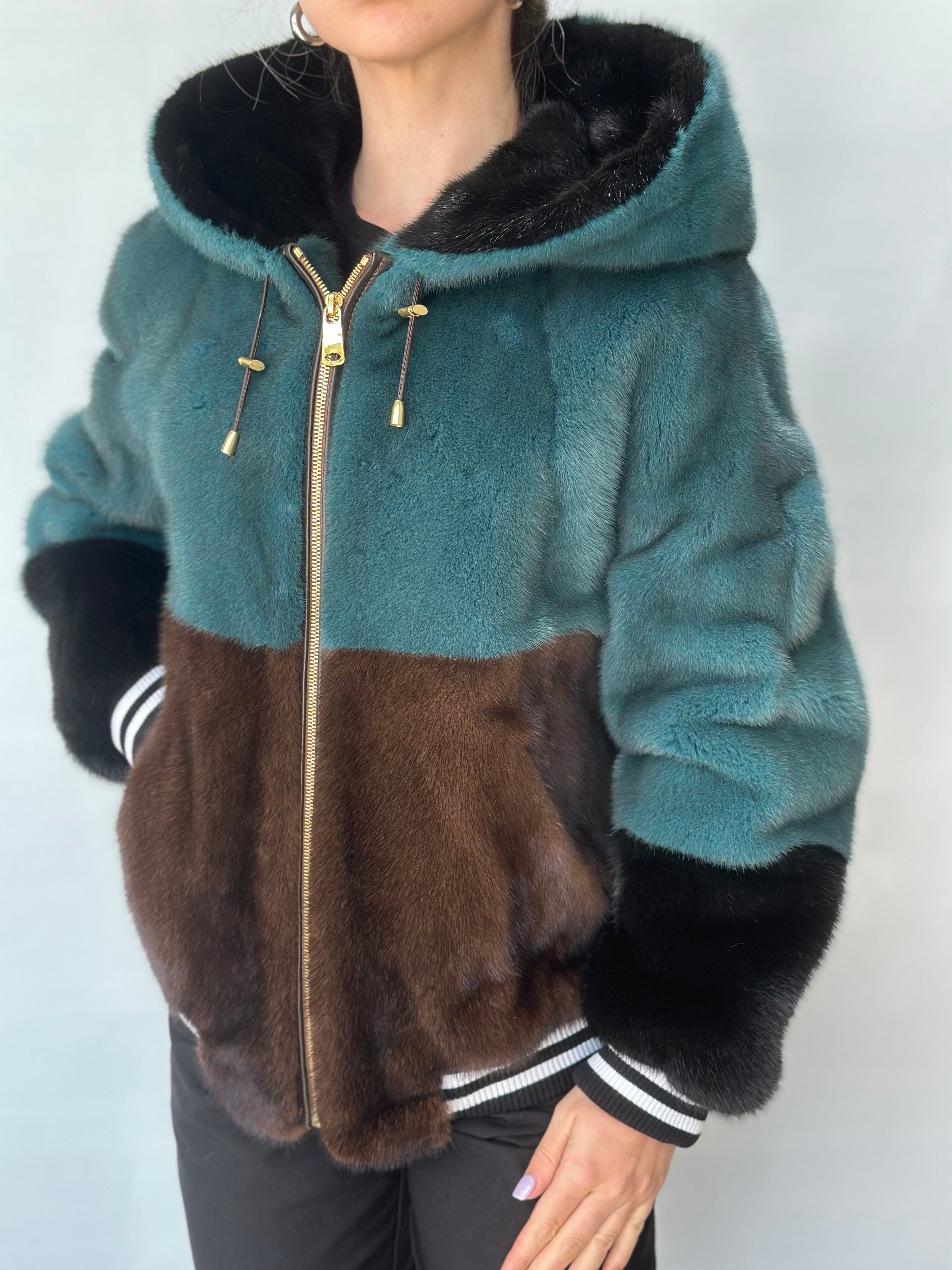 Teal, Brown, Black Mink Short Jacket With Hood