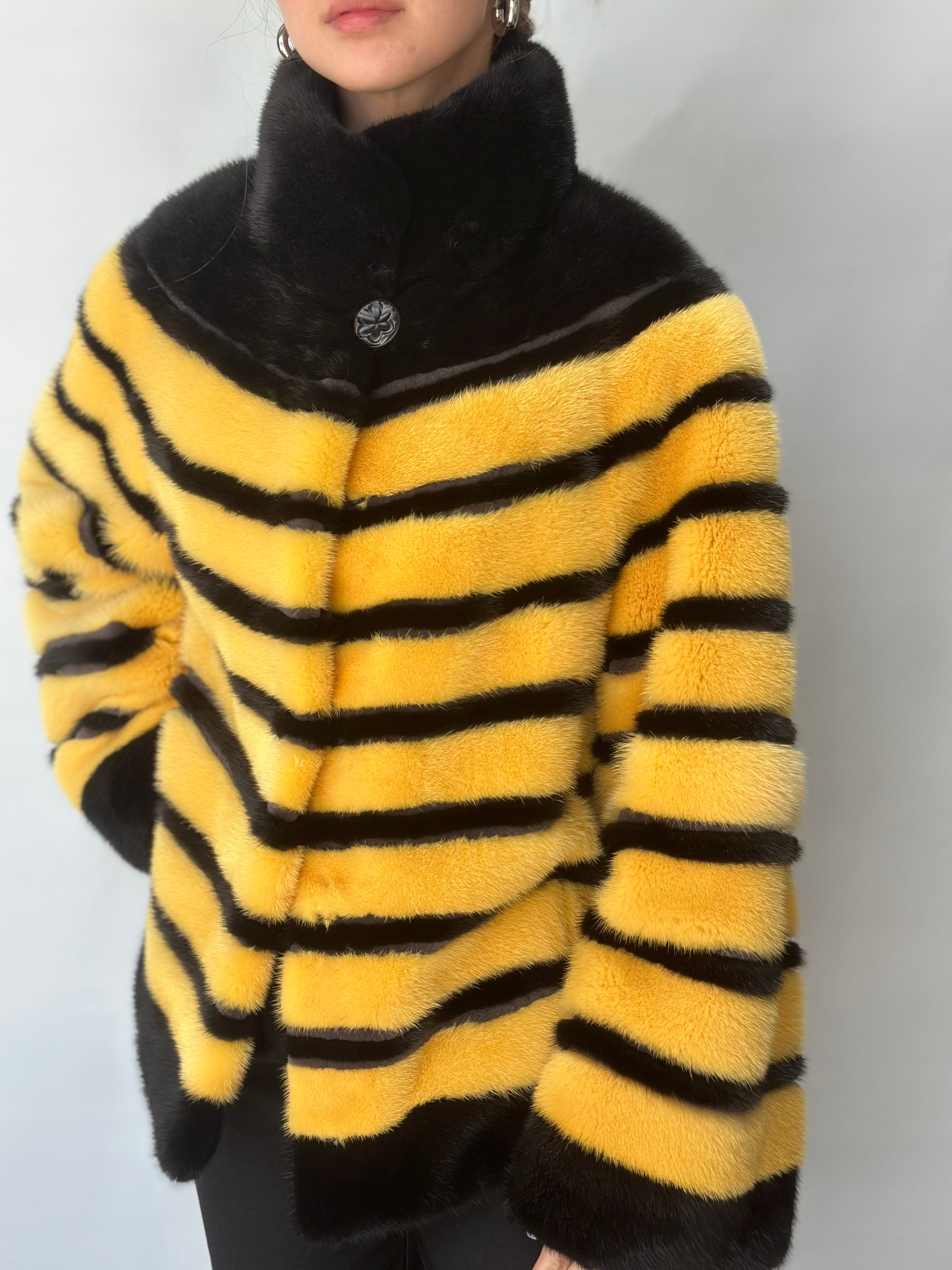 Yellow And Black Mink Jacket With Horizontal Stripes